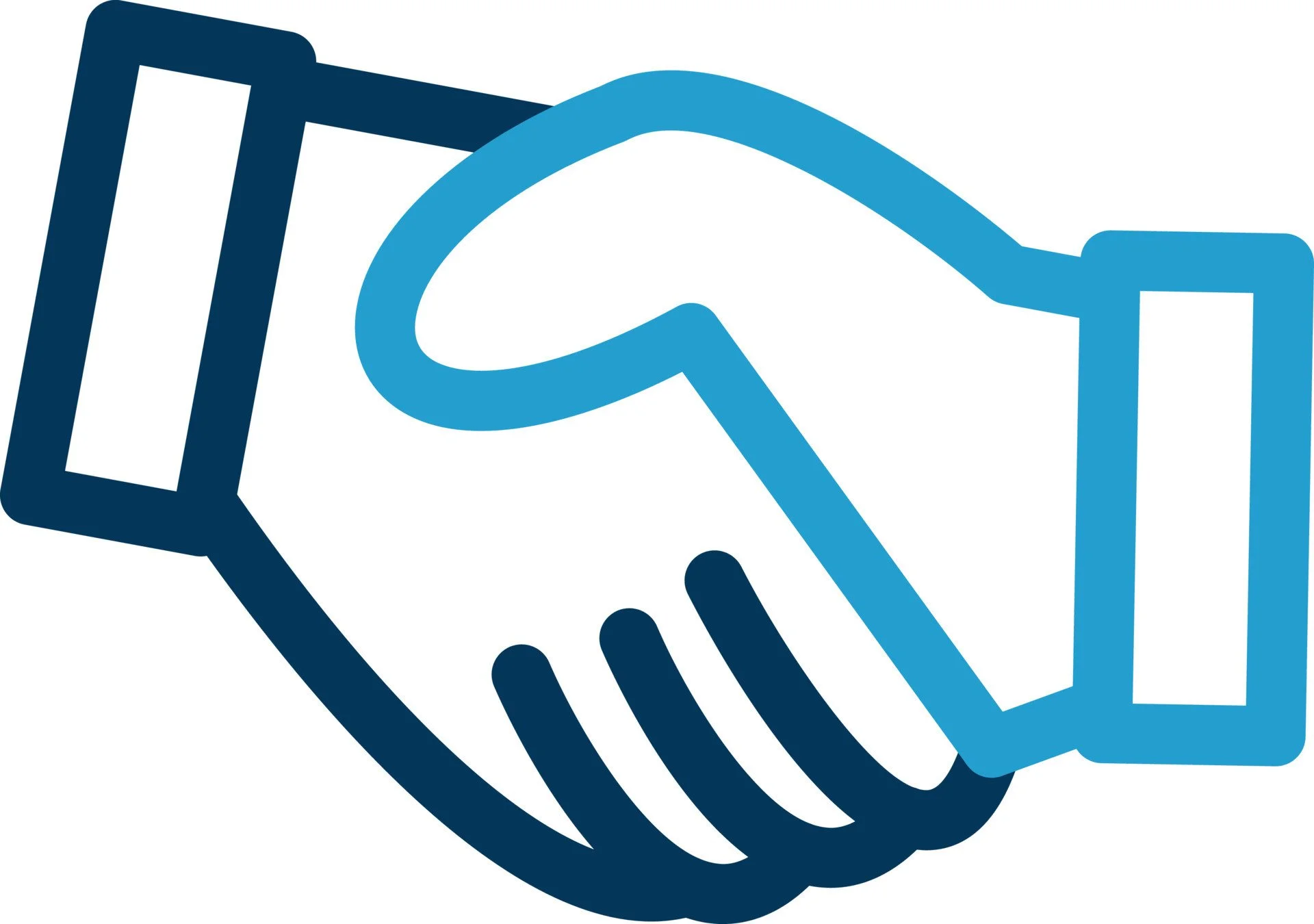 Outline illustration of a handshake between two people, with one hand in dark blue and the other in light blue.