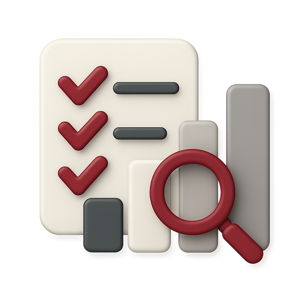 Symbolbilder von einer Checkliste mit drei roten Häkchen, einem roten Vergrößerungsglas, mehreren Balken und Knöpfen.