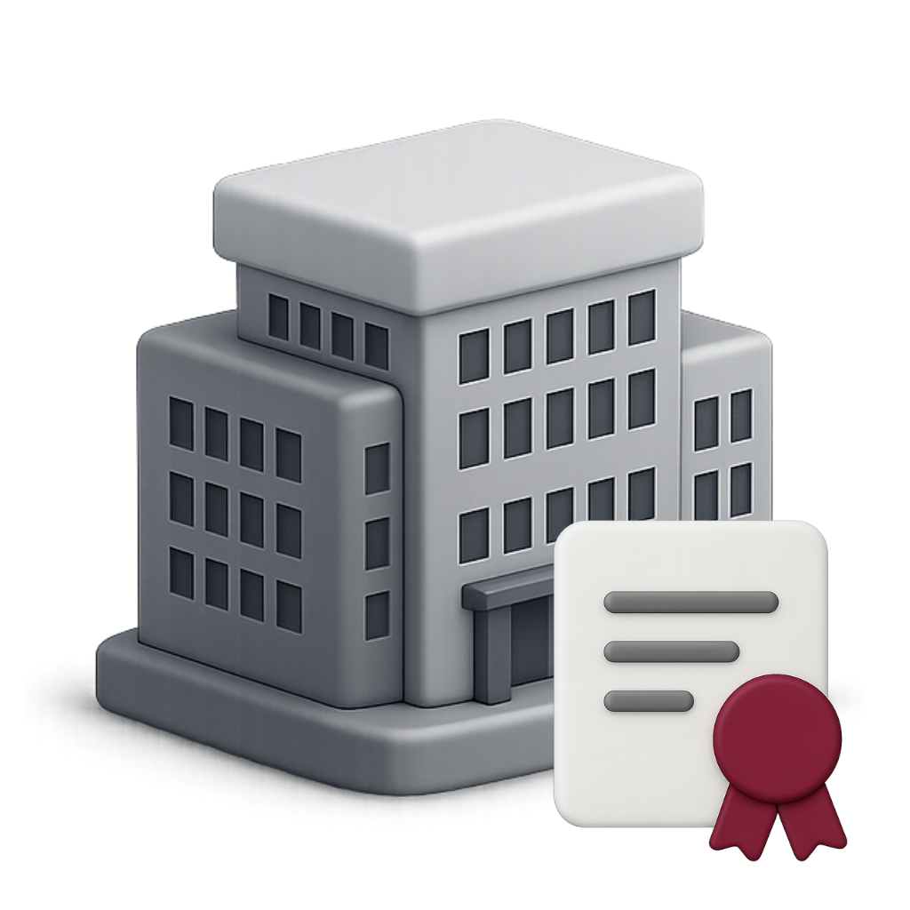 Ein mehrstöckiges Gebäude mit mehreren Fenstern, ein Dokument mit rotem Siegel daneben.