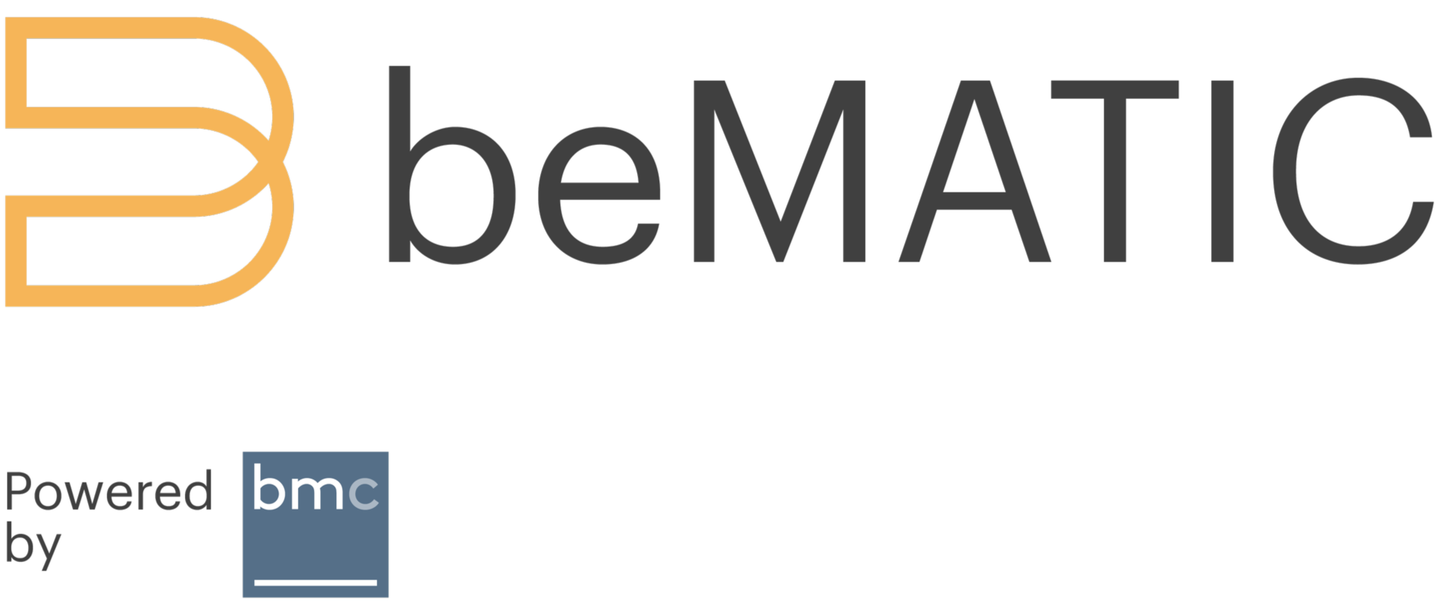 Logo von bemATIC mit einem stilisierten B in orange, der von einem schwarzen Schriftzug 'bemATIC' begleitet wird, sowie einem kleineren Text 'Powered by bmc' auf blauem Hintergrund.