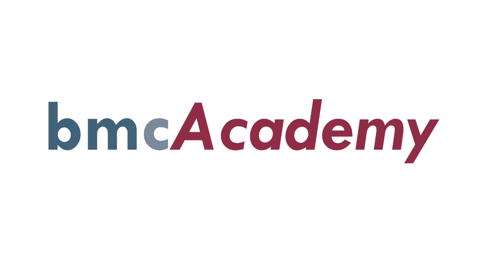 bmc Academy Logo in Schwarz, Blau und Burgunderrot.