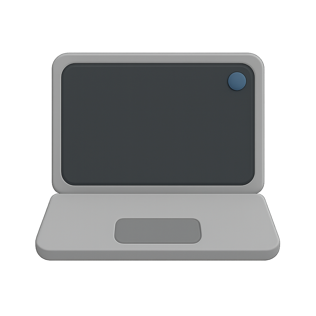 Laptop mit dunklem Bildschirm und einem blauen Knopf in der oberen rechten Ecke