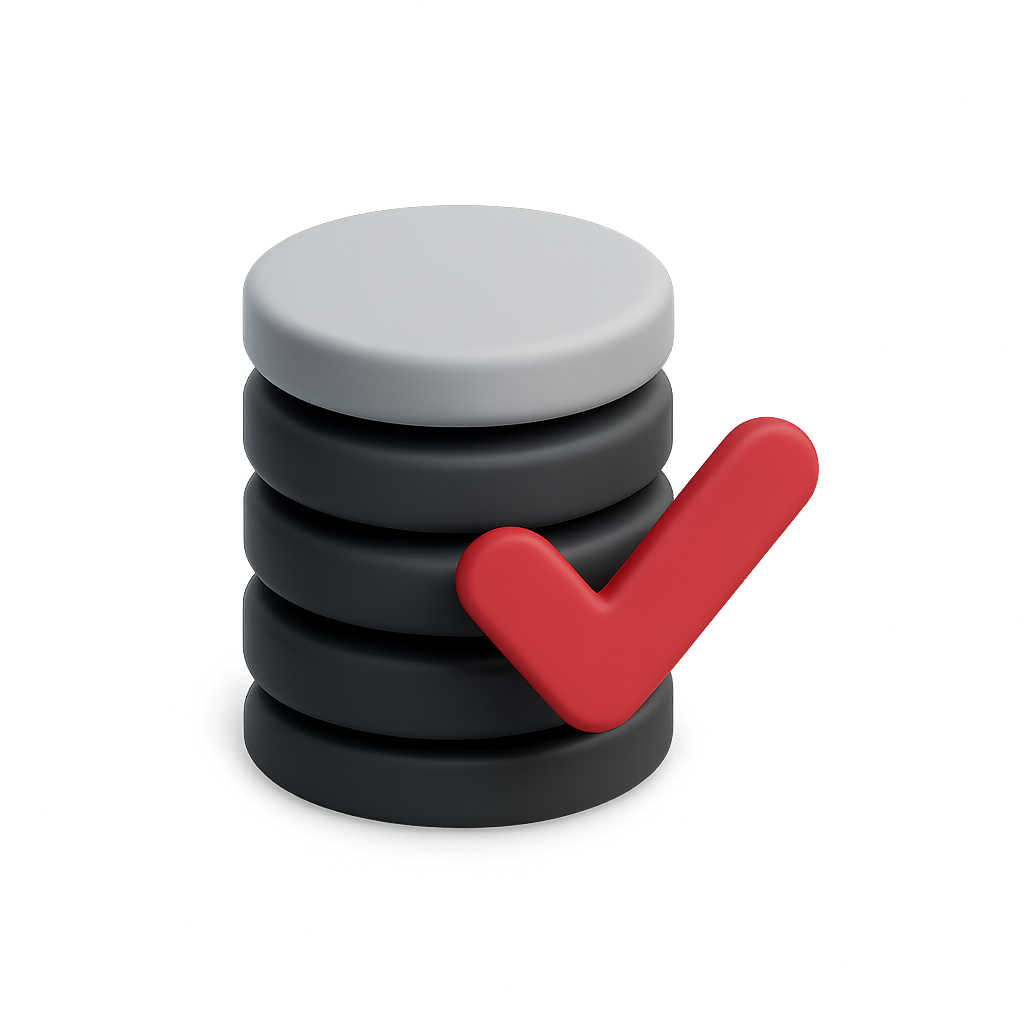 Stack aus fünf schwarzen und weißen runden Objekten mit rotem Häkchen davor, auf grauem und schwarzem Hintergrund