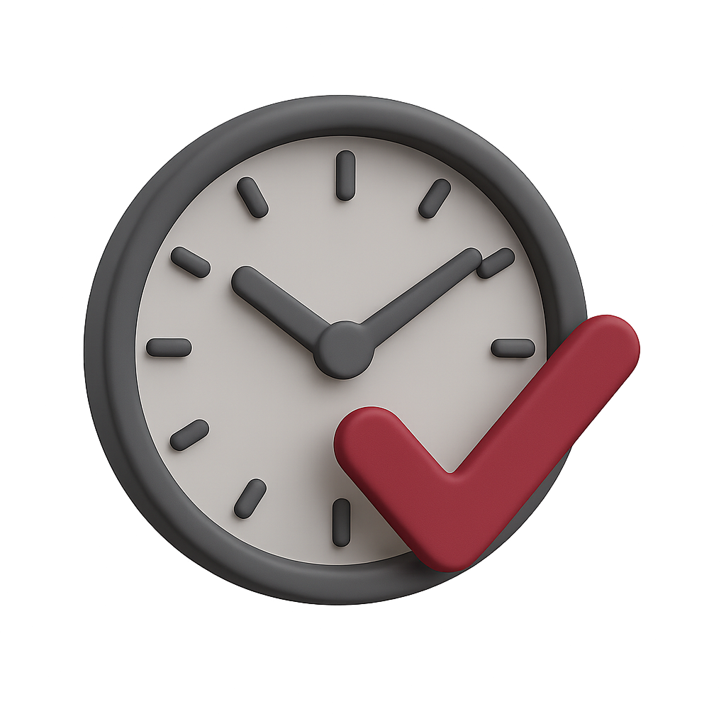 Runder Wanduhr mit grauem Rahmen, weißen Zifferblatt, schwarzen markierten Stunden, Minuten und Stundenzeigern, sowie einem roten Häkchen, das einen Termin oder eine Erinnerung symbolisiert.