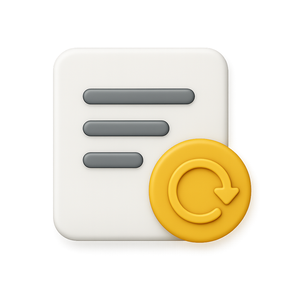 Symbolbild für Datenwiederherstellung oder Backup mit einer weißen Datei-Ikone, grauen Linien für Text und einem gelben Pfeil im Kreis, das auf eine Aktualisierung oder Wiederherstellung hinweist.