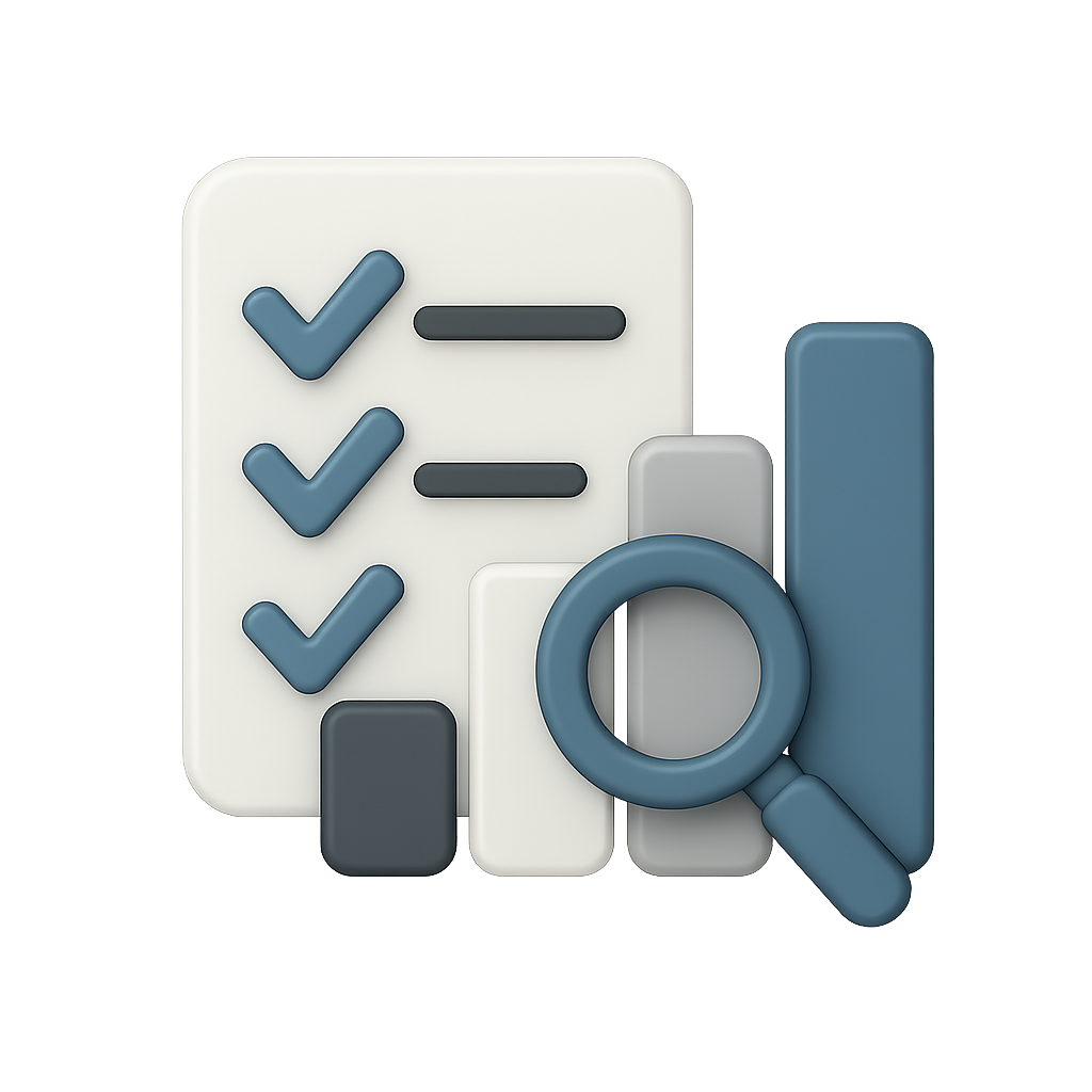 Symbolbild mit einer Checkliste, einem Vergrößerungsglas und Bargraphen, die für Analyse oder Überprüfung stehen.