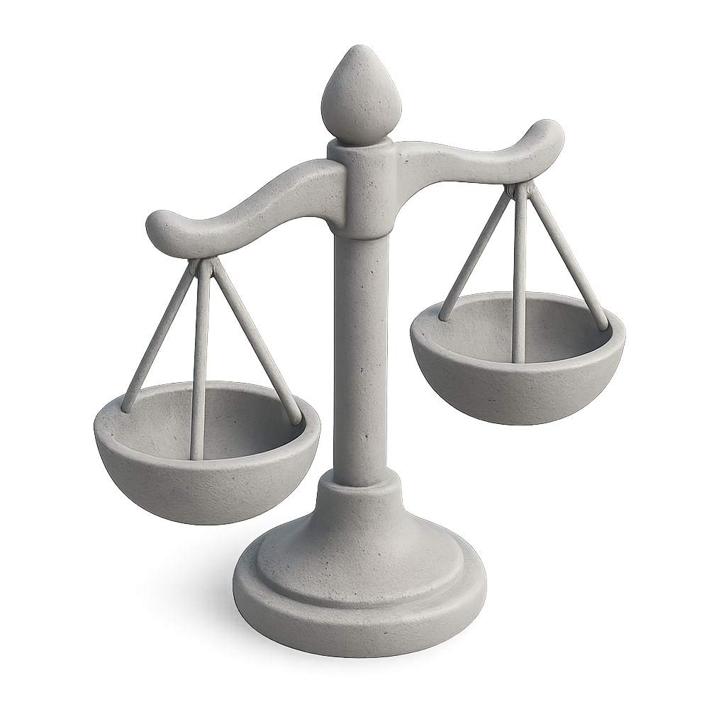 Eine Waage aus Beton mit leeren Schalen, Symbol für Gerechtigkeit.
