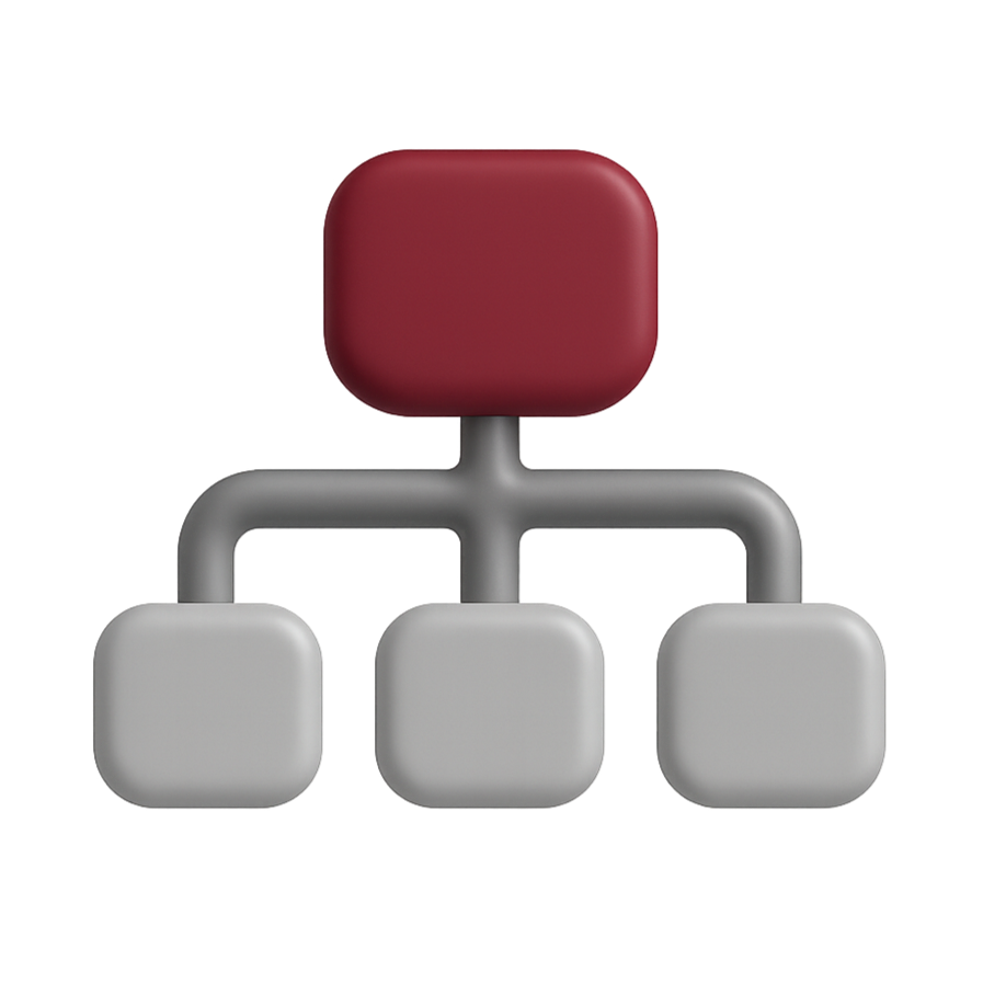 Organigramm mit einem roten oberen Knoten, verbunden mit drei grauen unteren Knoten.