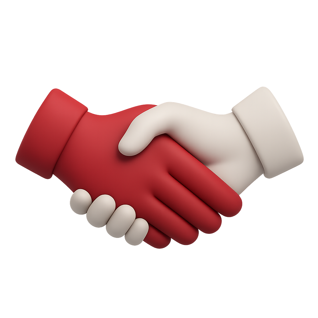 Nahaufnahme eines Handschlags zwischen zwei Menschen, einer trägt einen weißen und der andere einen roten Handschuh.