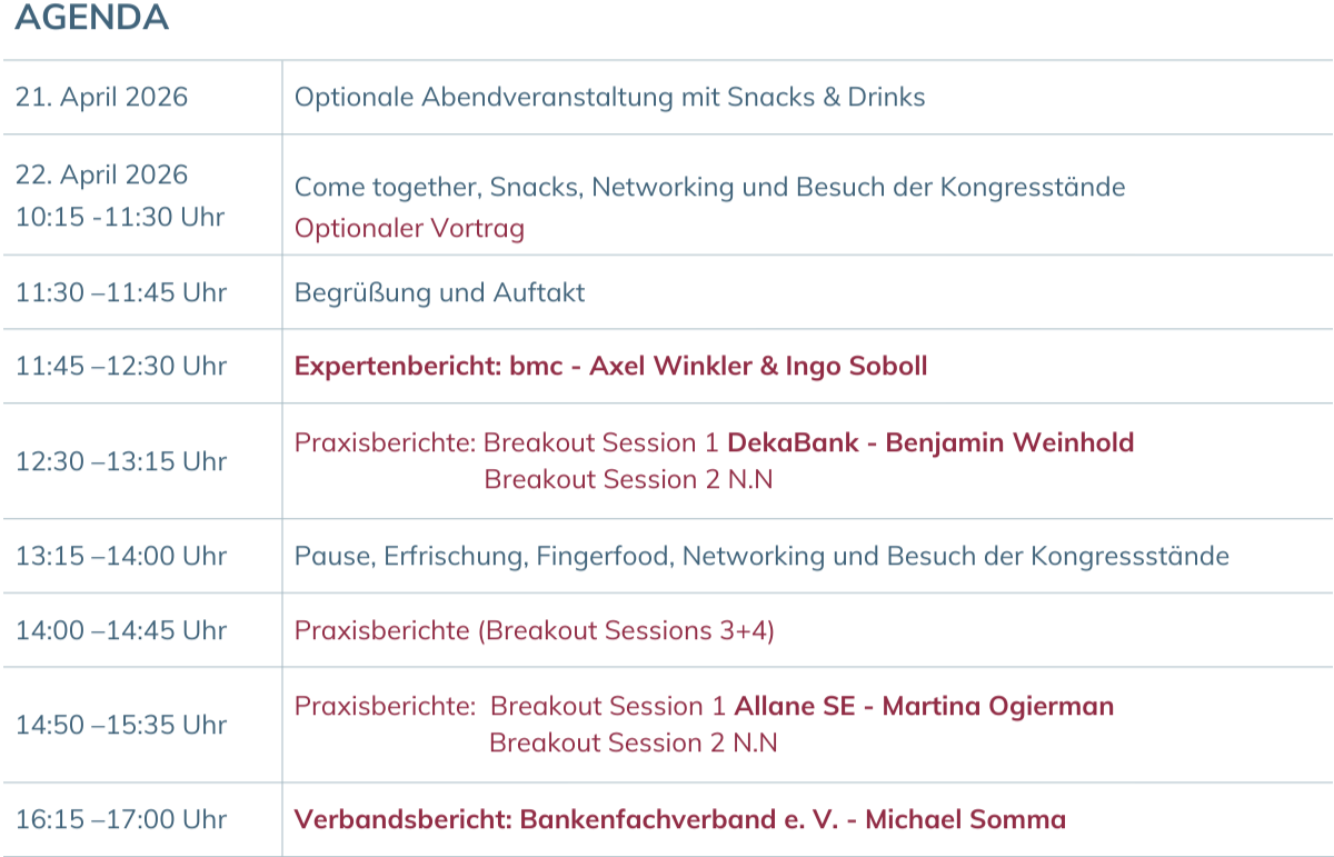 Agenda für einen Tag mit Terminen und Vorträgen, inklusive Pausen, Breakout Sessions und Berichten. Termine sind am 21. und 22. April 2026.
