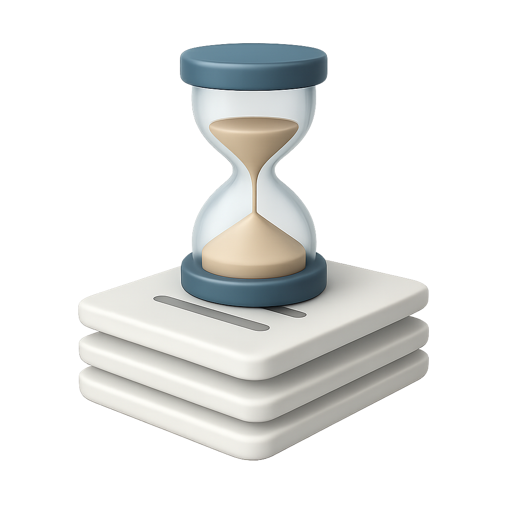 Eine Sanduhr steht auf einer weißen, gestapelten Plattform