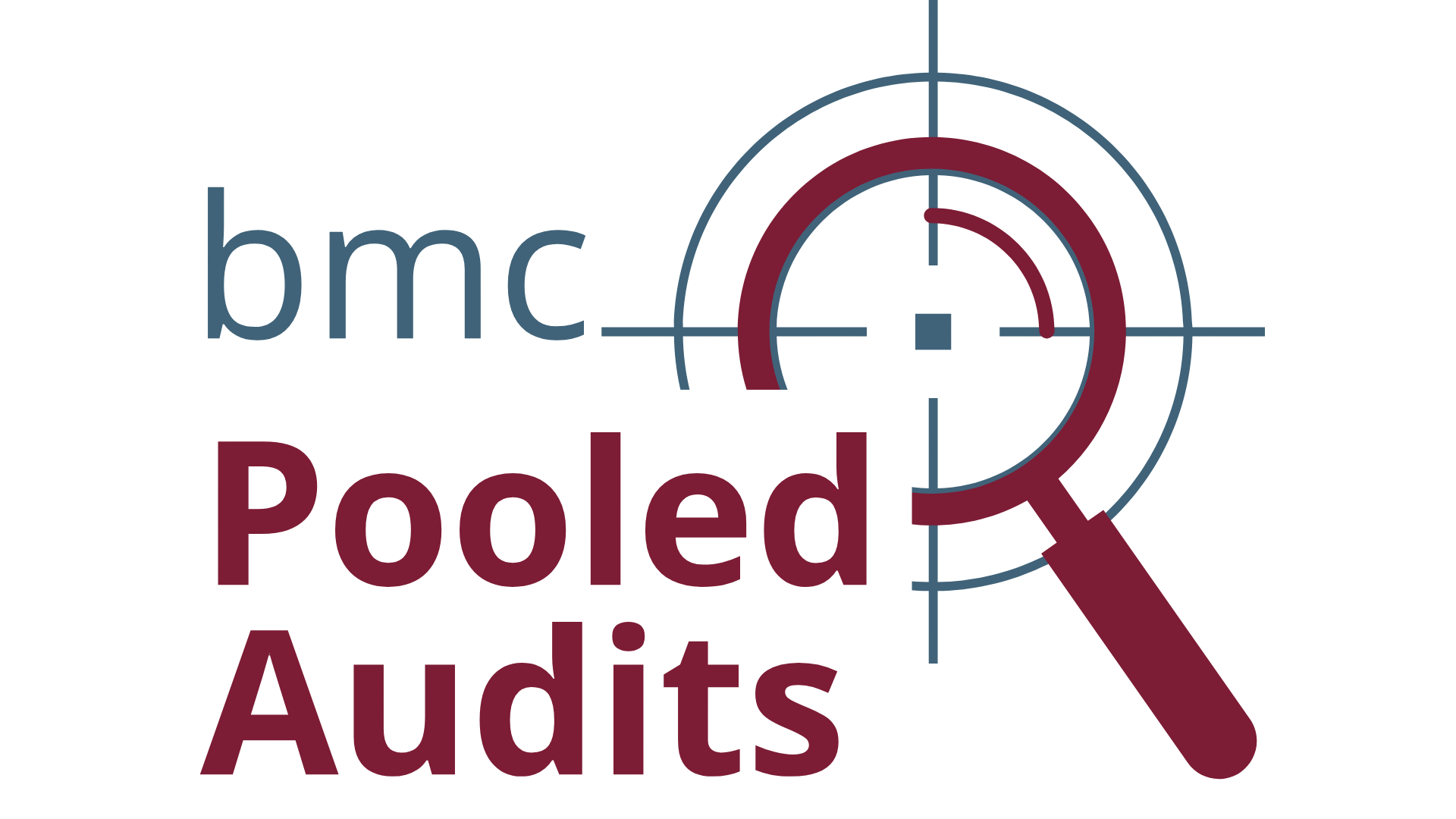 Grafische Darstellung mit einem Logo, das den Text "bmc Pooled Audits" enthält, sowie eine Zielscheibe mit Lupe, die auf das Zentrum gerichtet ist.