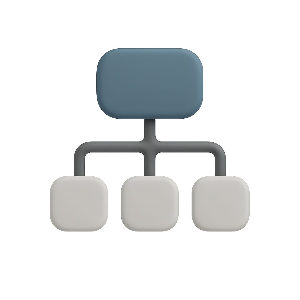 Ein organisiertes Diagramm mit einer großen blauen Box oben, verbunden mit drei weißen Boxen unten, durch graue Linien.