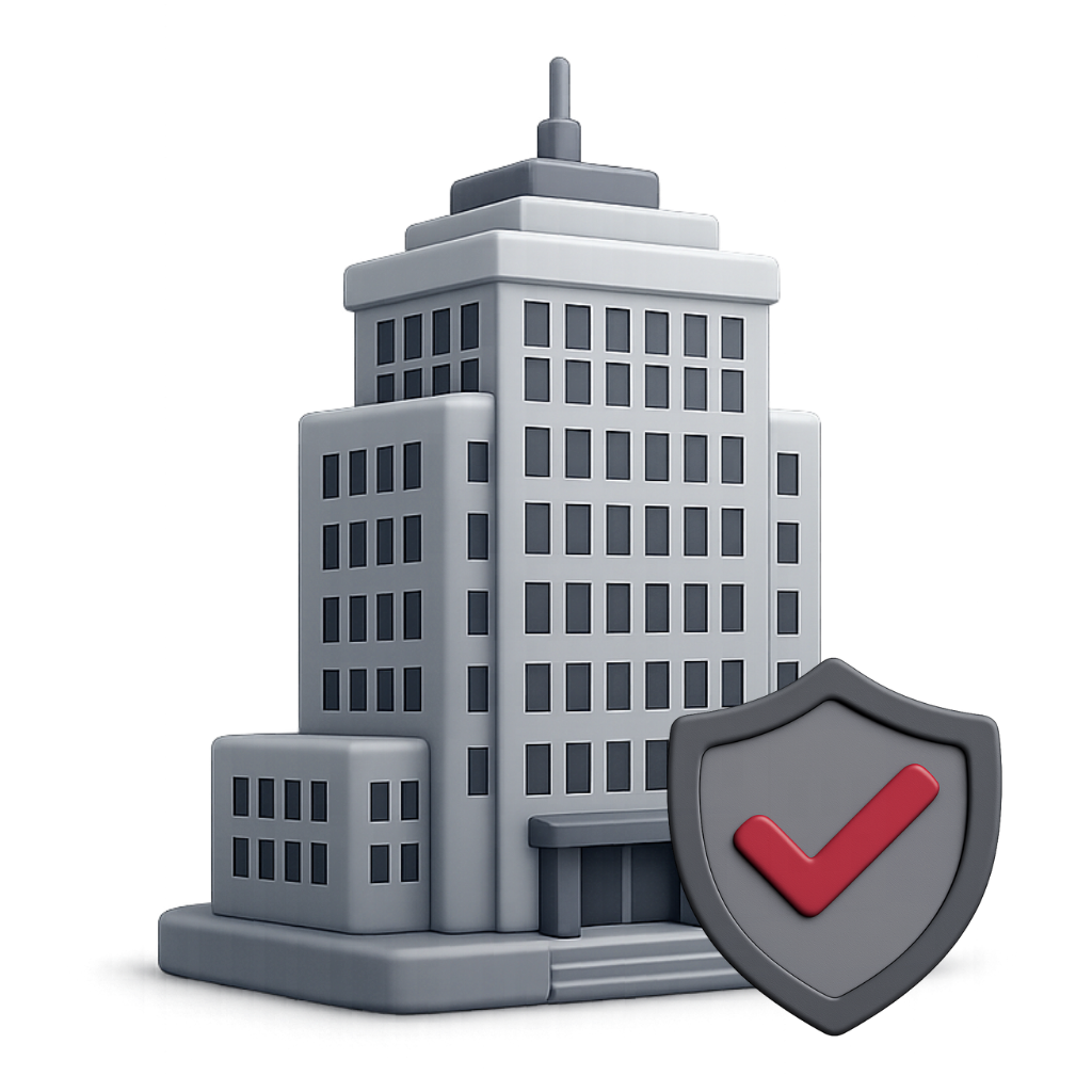 Ein hoch aufragendes Bürogebäude mit mehreren Etagen, begleitet von einem Schutzschild mit einem roten Häkchen.