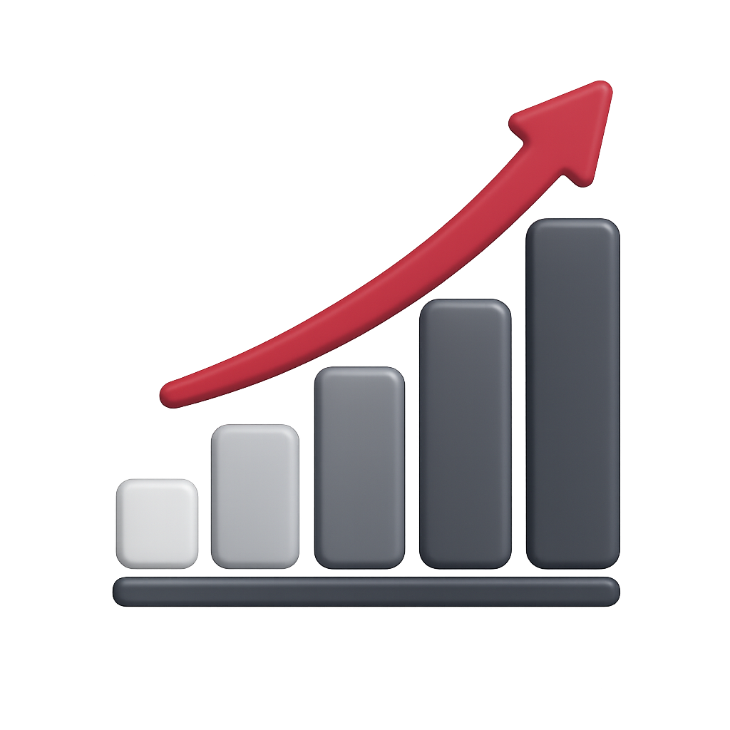 Grafik eines aufsteigenden schwarzen Balkendiagramms mit einer roten Pfeilspitze, die nach oben zeigt.