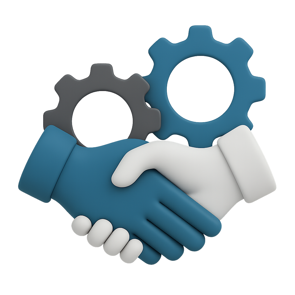 Animation eines Handschlags, der zwei Hände mit Werkzeugrädern im Hintergrund verbindet.