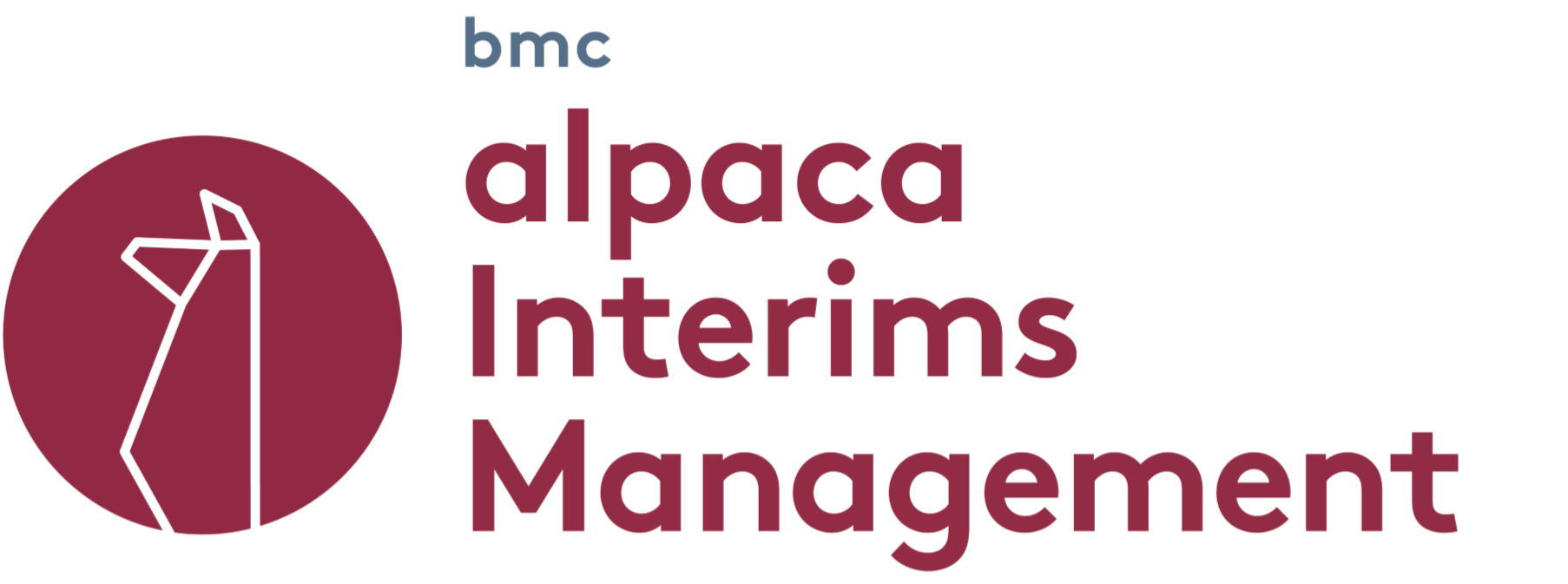 Logo mit einem stilisierten Alpaka in weiß auf rotem Hintergrund, neben dem Text "alpaca Interims Management" in großen, burgunderfarbenen Buchstaben, mit der Abkürzung "bmc" in klein und blauer Schrift oben links.