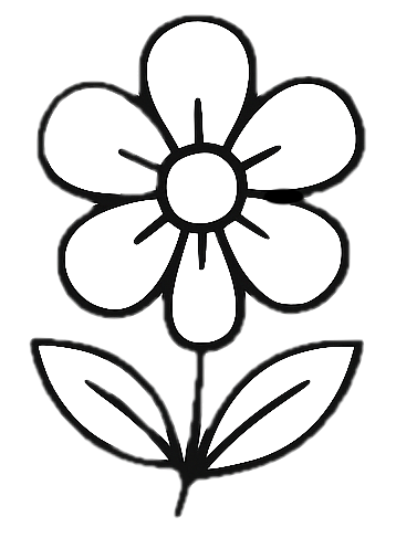 A simple black and white line drawing of a flower with five petals, a circular center, two leaves, and a short stem.