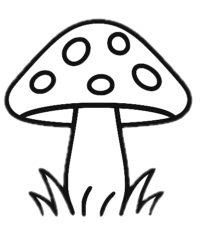 Line drawing of a mushroom with a dotted cap and grass at its base.