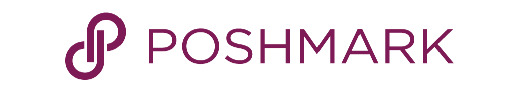Poshmark logo with purple text and icon on a black background.