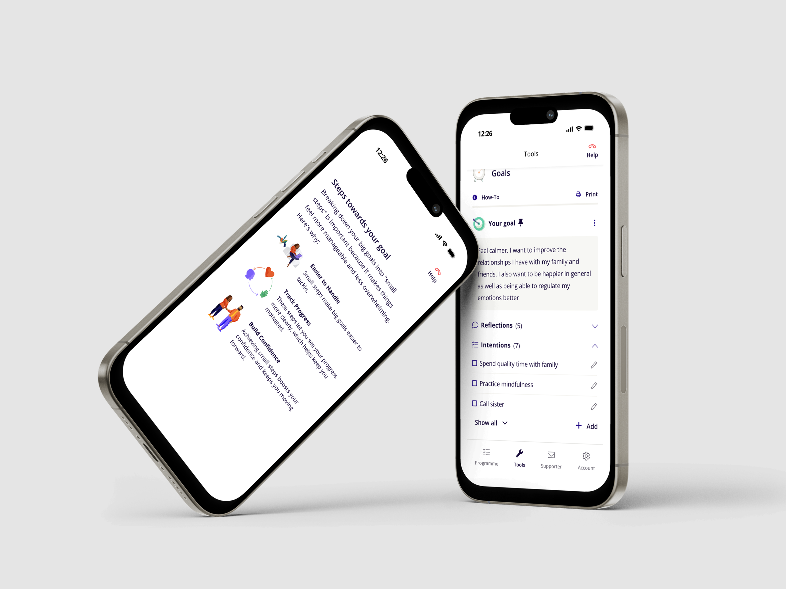 two mockup screens showing goals