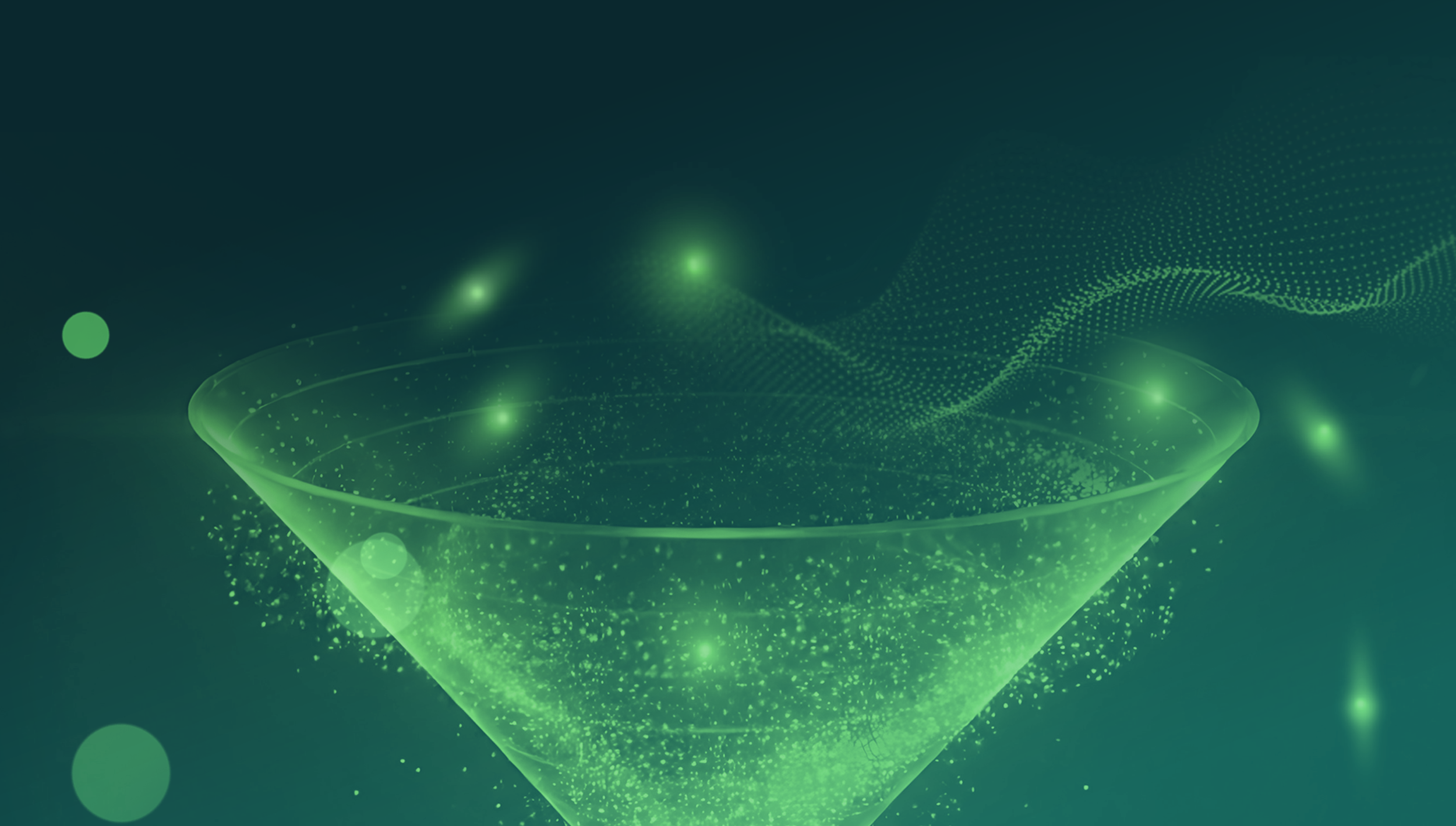 A glowing green funnel with sparkling particles inside, set against a dark background. Light trails create an ethereal, futuristic ambiance.