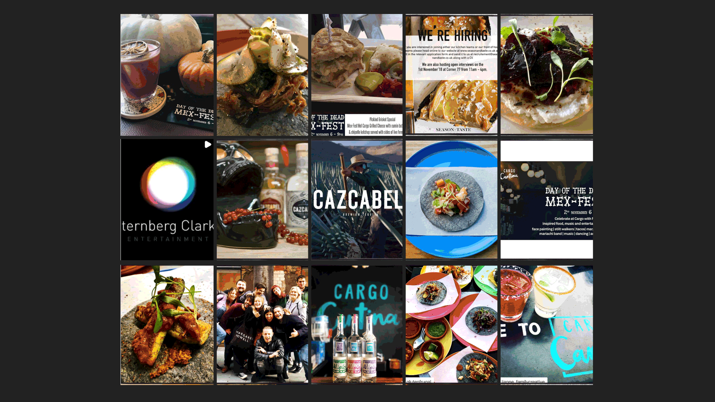 A collage of various images including food dishes, promotional flyers, a group photo, and promotional materials for beverages and events.