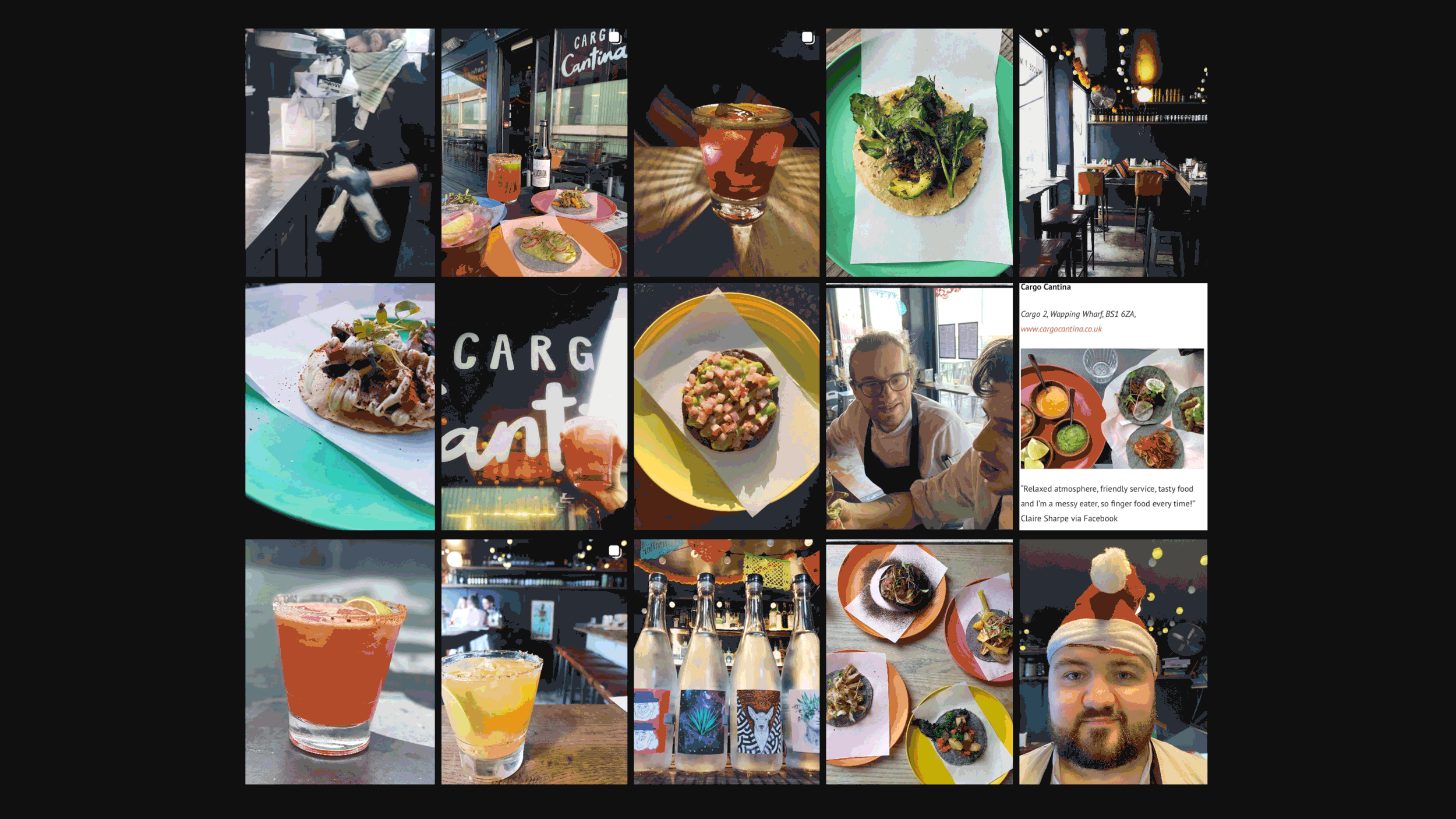 Collage of photos from a restaurant called Cargo Cantina featuring food, drinks, people, and the interior ambiance of the restaurant during daytime and evening.