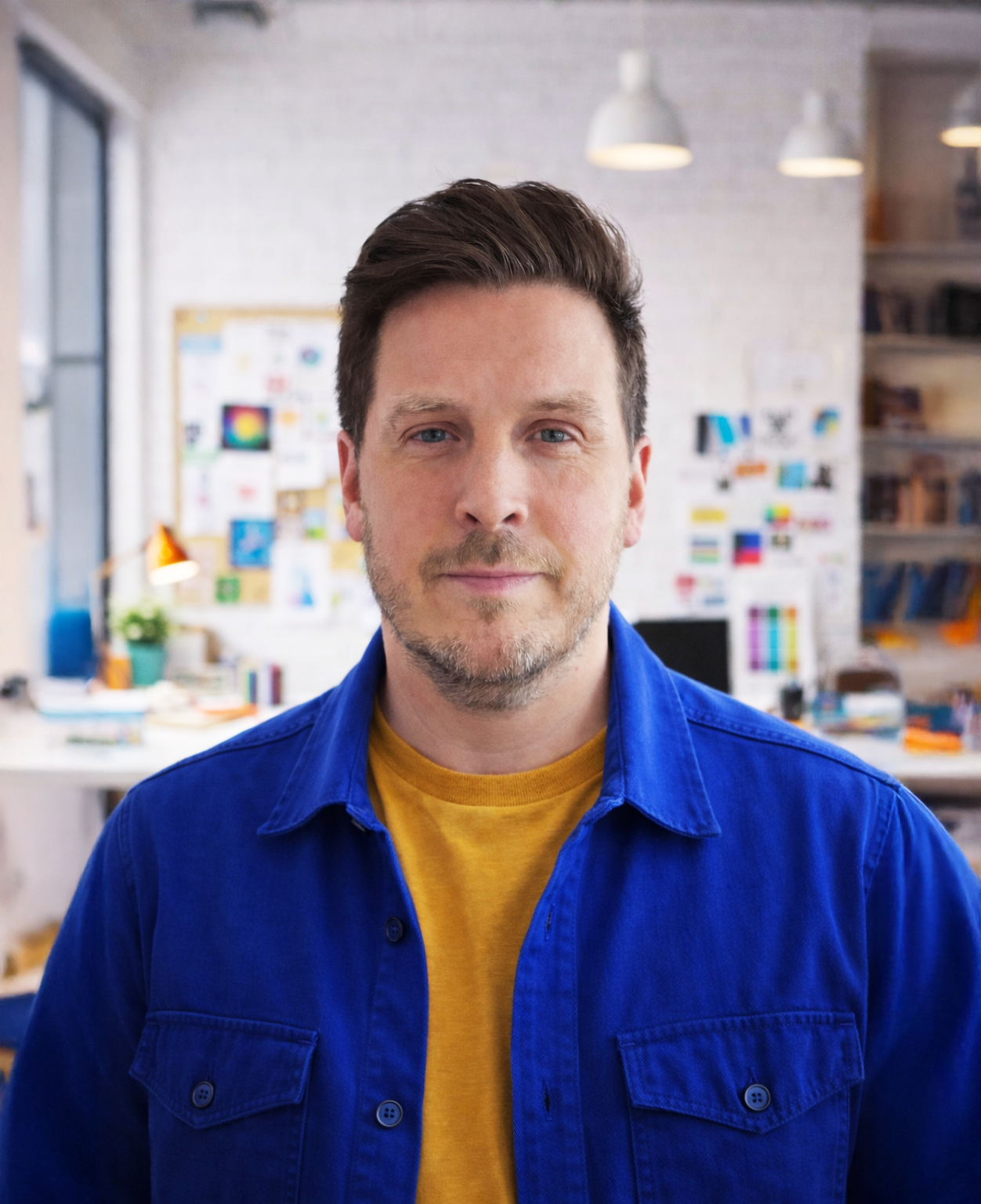 A man with short dark hair and light beard wearing a blue shirt and yellow t-shirt standing in an office or creative workspace with white brick walls, shelves, and bulletin boards in the background.