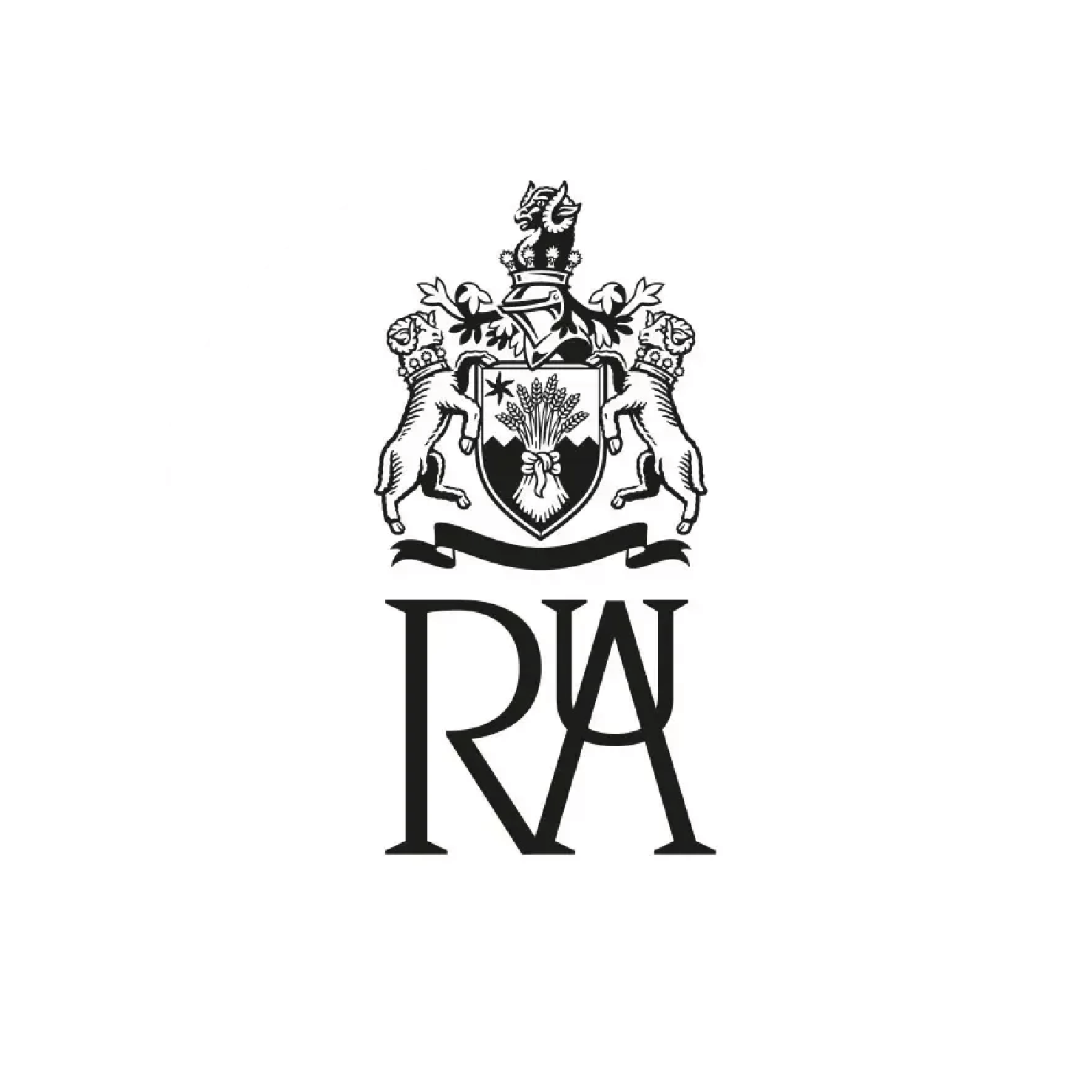 A black and white coat of arms featuring a shield with wheat and a star, supported by two lions, with a helmet, crest, and banner displaying the initials 'RWA'.