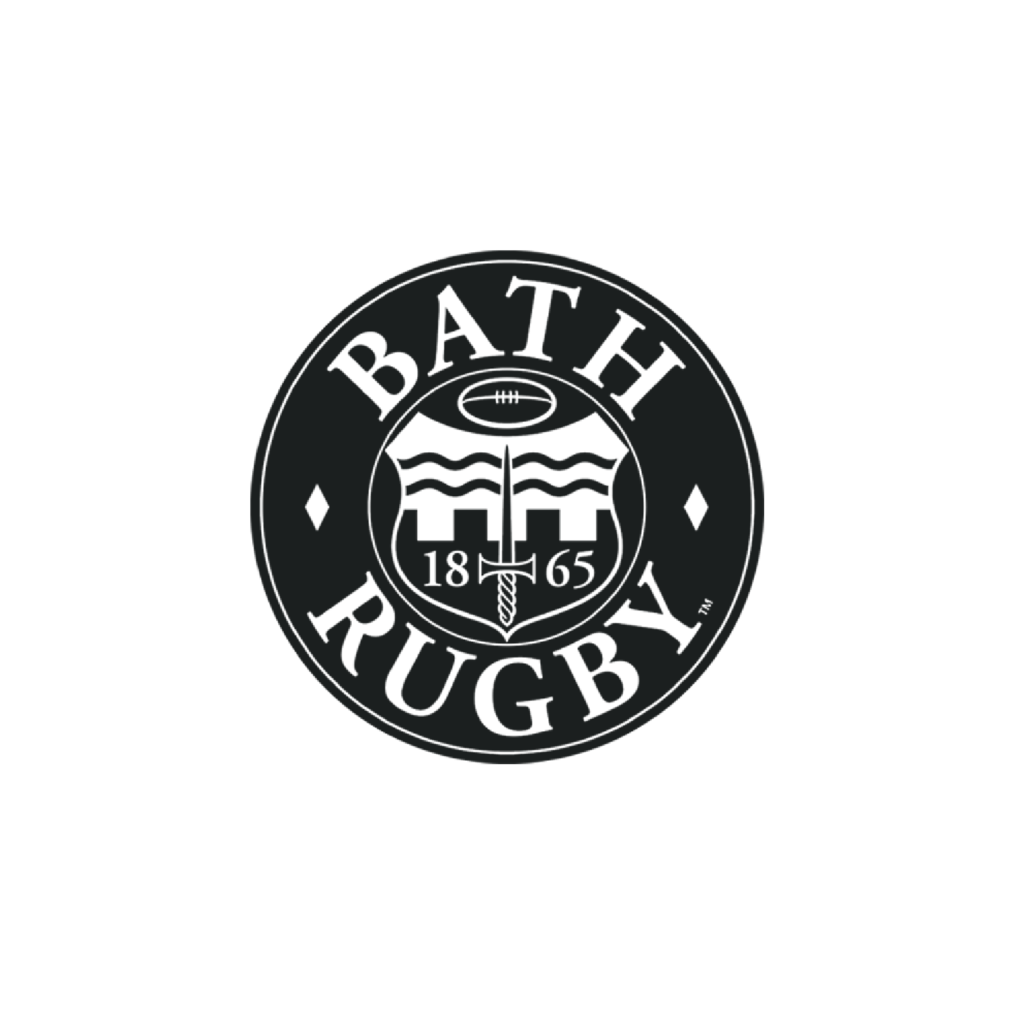 Black circular badge with the words 'BATH RUGBY' and a crest in the center, featuring waves, a sword, and the year 1865.