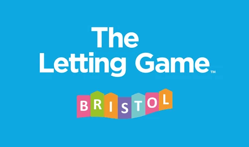 The cover of the game 'The Letting Game' with the word "BRISTOL" spelled out in colorful blocks in front of a blue background.