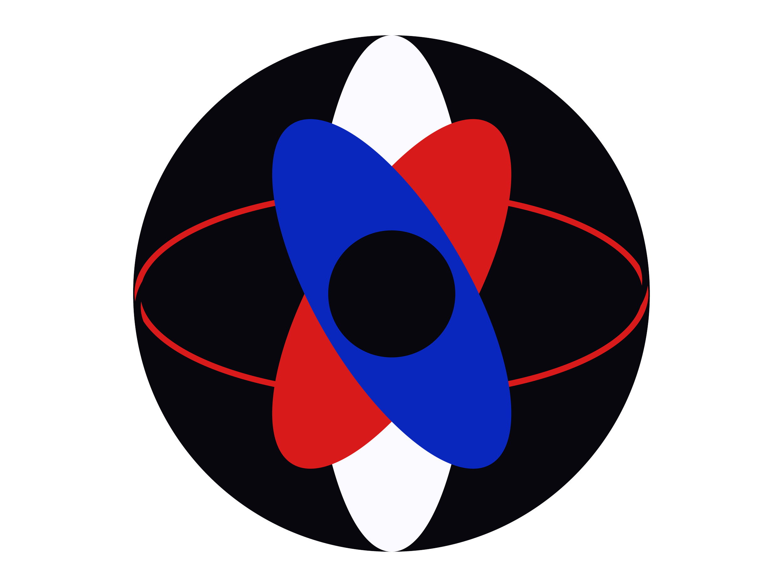 A stylized atom with a black background, featuring a black nucleus, red and blue elliptical orbitals, and red electron orbits. Representing the ecosystem of Agency PSG services.