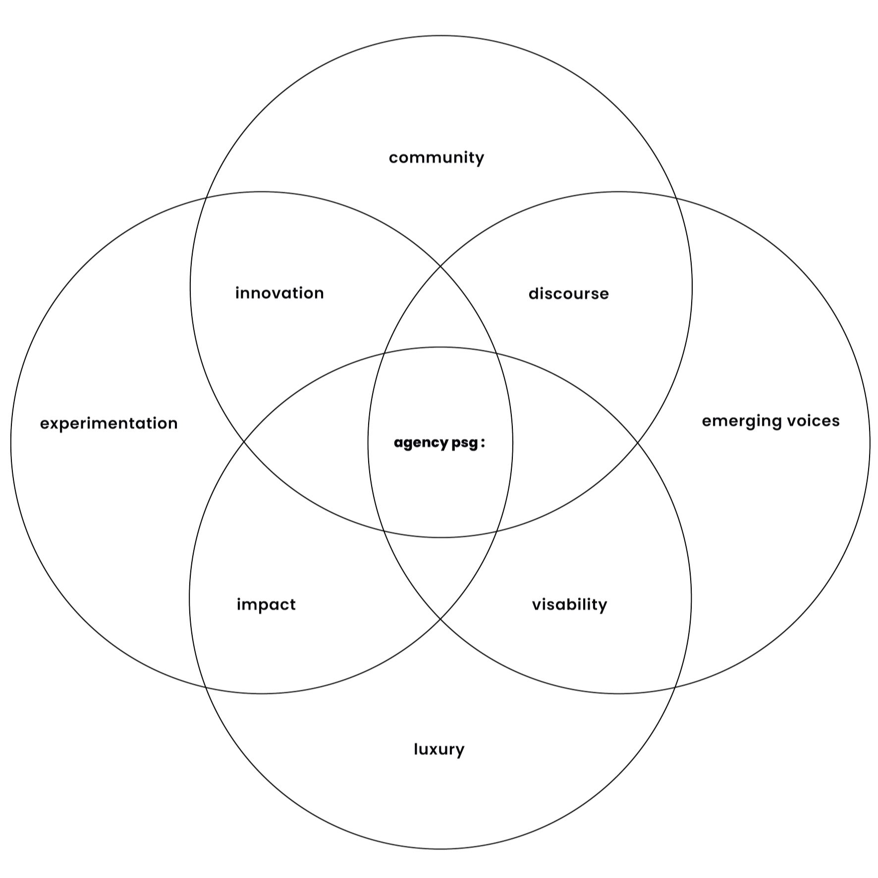 A diagram with five circles labeled 'community,' 'emerging voices,' 'luxury,' 'impact,' and 'experimental,' all overlapping in the center labeled 'agency psg'. The diagram illustrates how these concepts inform the strategic approach of Agency PSG.