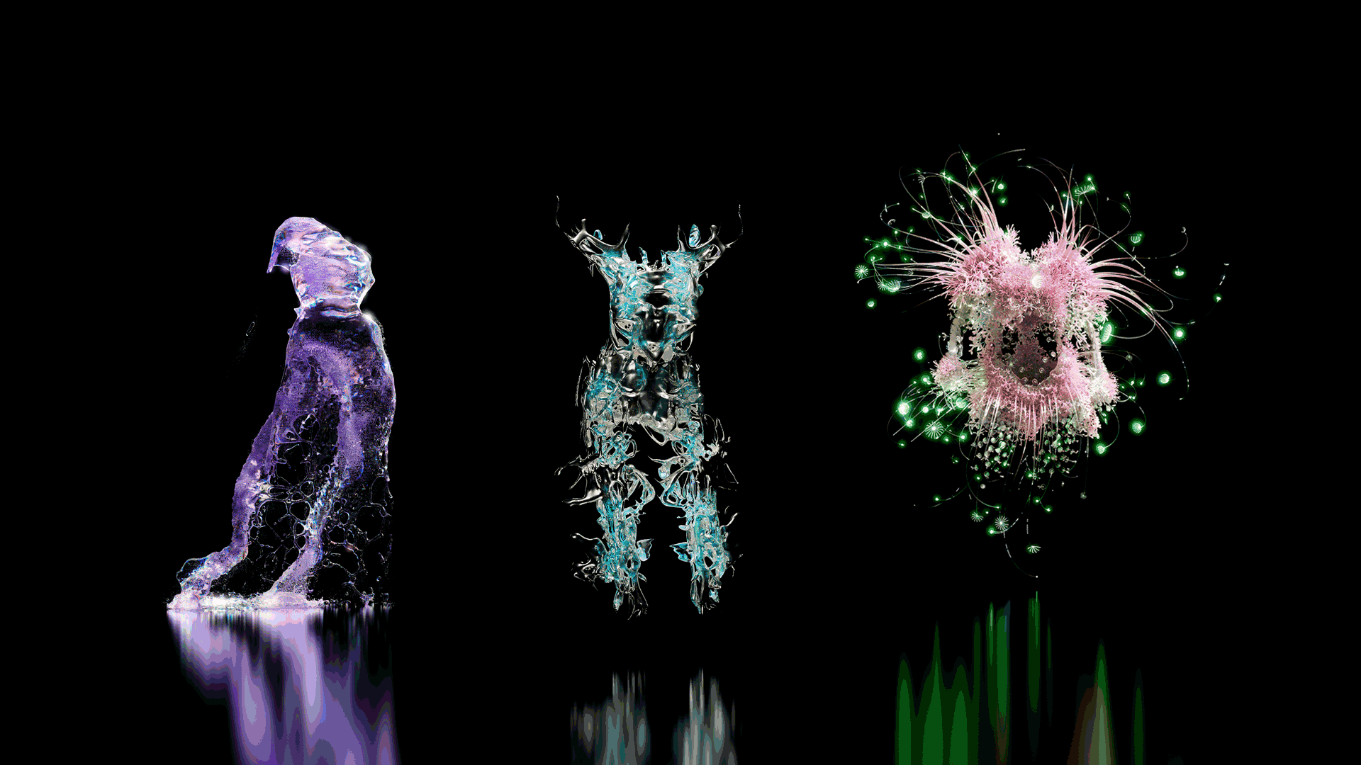 Three intricate, digital sculptures made of glass and other materials displayed on a black background, each with unique designs and reflections taken from a proeject by IoDF for clients H&M.