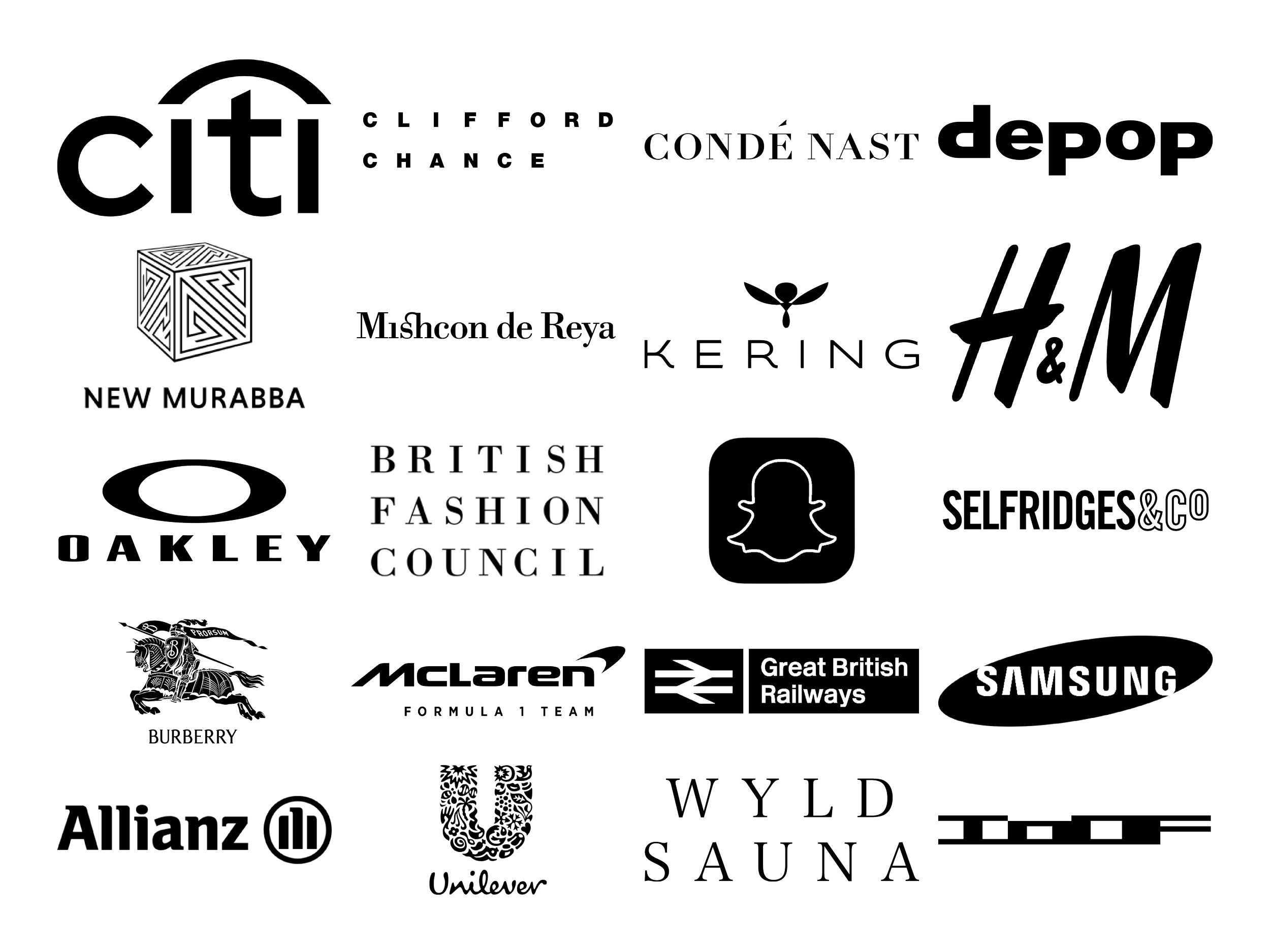 Collection of various black and white logos from different brands and organizations including Citibank, Clifford Chance, Condé Nast, Depot, Mishcon de Reya, Kering, H&M, New Murabba, Oakley, British Fashion Council, Selfridges & Co, Snapchat, Burberry, McLaren, Great British Railways, Samsung, Allianz, Unilever, Wyld Sauna, and others.