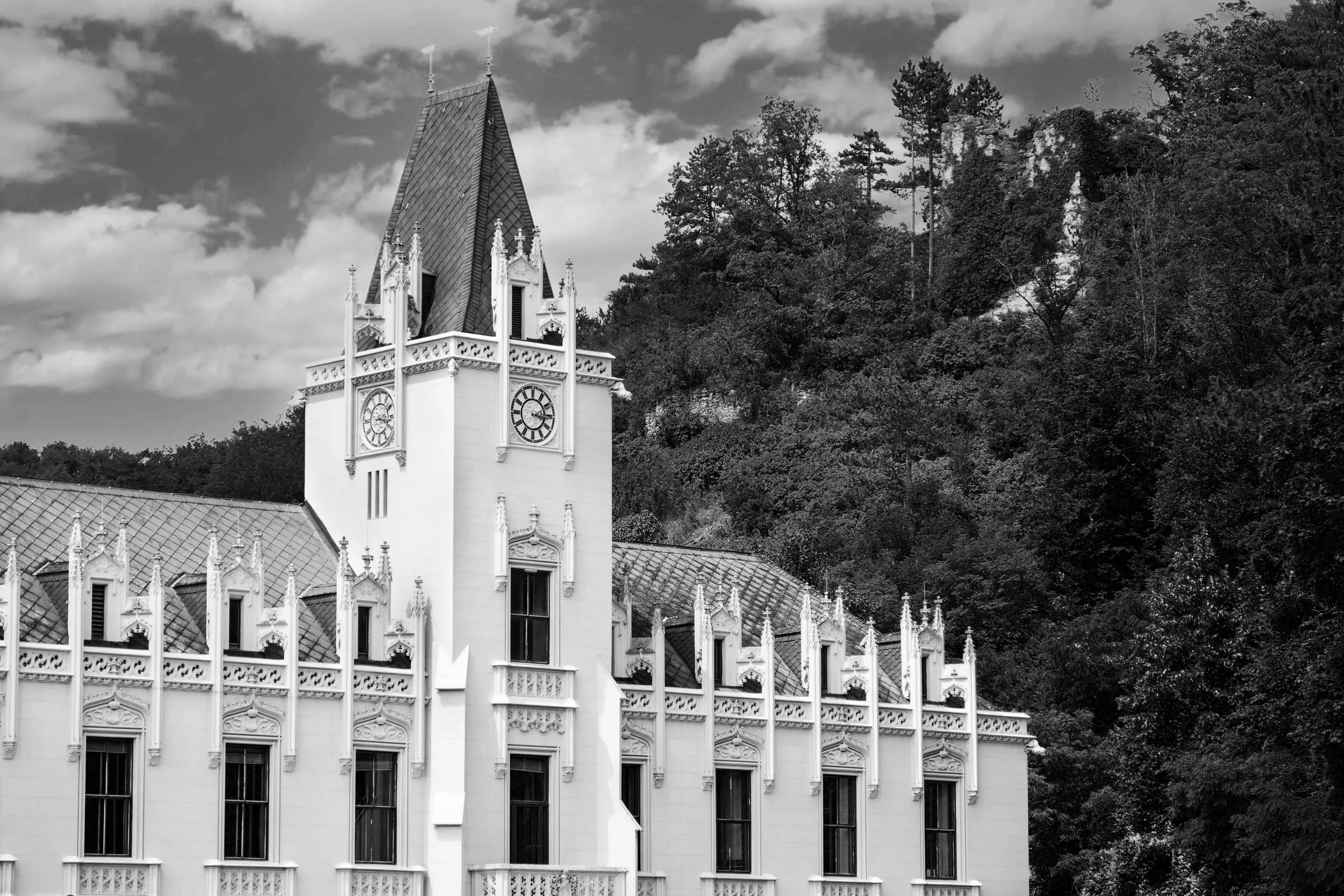 Historisches Schlossgebäude im neugotischen Stil mit Turm und dekorativer Fassade
