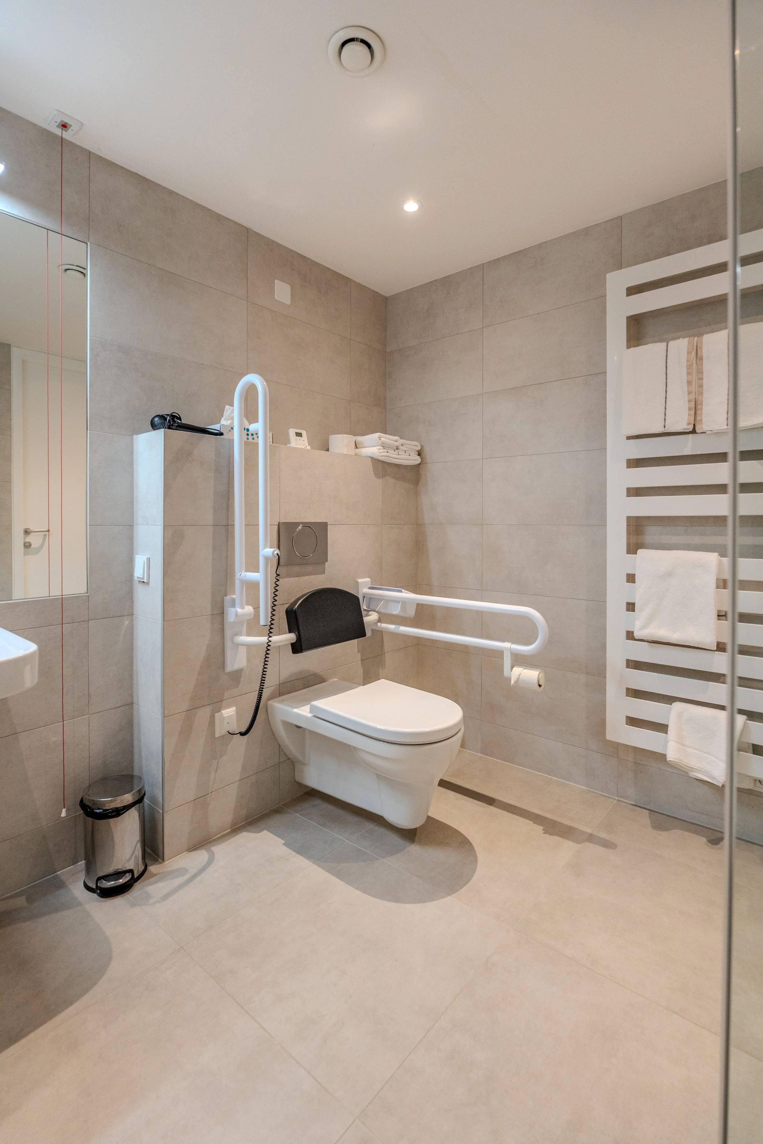Barrierefreies Badezimmer mit Dusche, Haltegriffen, erhöhtem WC, Waschbecken und Handtuchheizkörper
