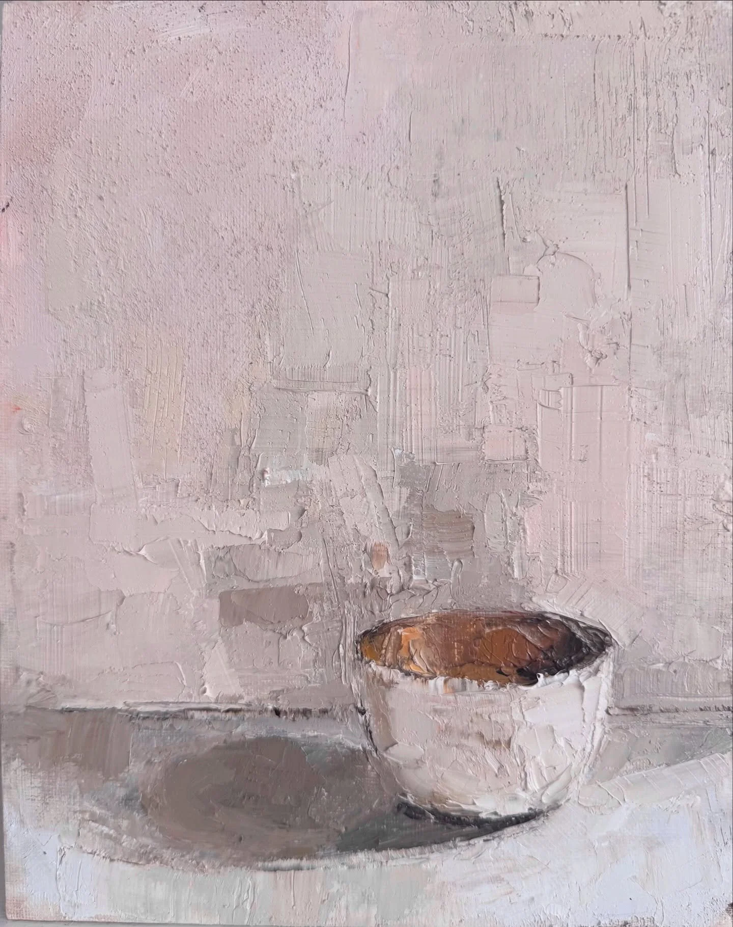 FOR SALE First in my new collection: The Shape of Stillness

Painted with palette knives only, using oil, sand and emulsion This new work suggests the texture and patina of an old wall, the background for a treasured gold-lined bowl. Painted in my pe