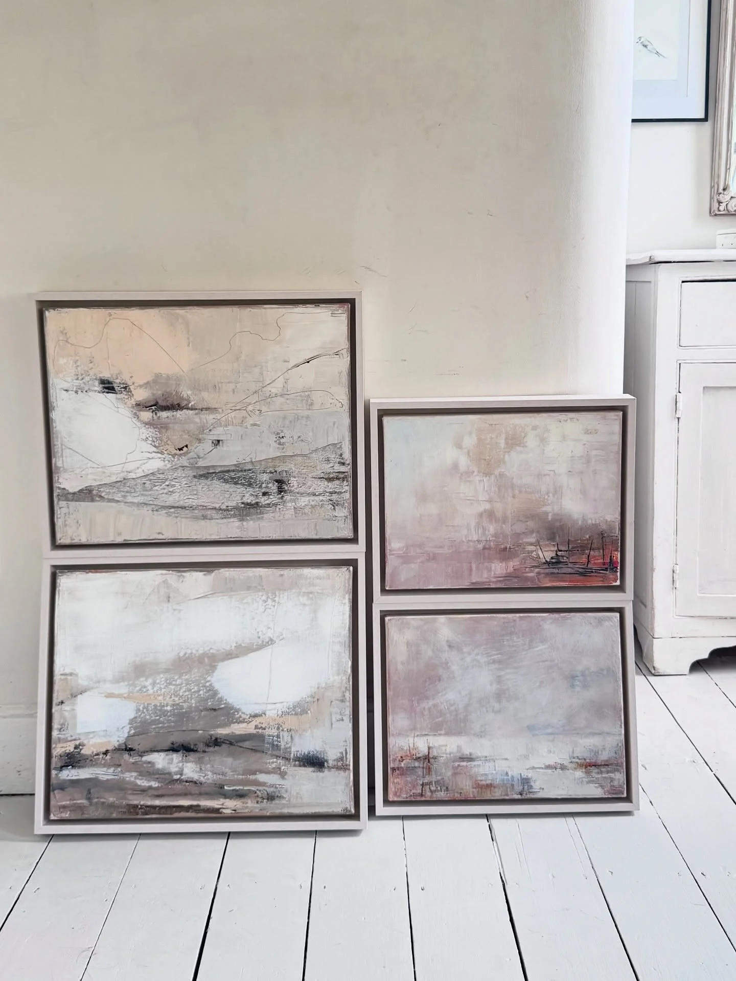 Four new paintings fresh from the framers. They&rsquo;ll be for sale next week at the @mama_artshow in Brixton. Tuesday - Thursday, 6-9pm. Please do come and say hello. Link in my bio for free tickets. Xx

#artandstyle #abstract #artshow