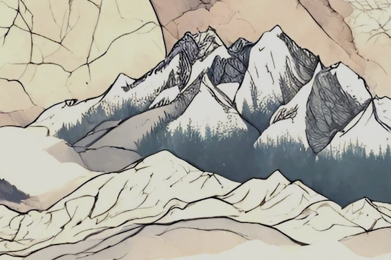Stylized drawing of snow-covered mountain peaks with a cloudy sky in the background.