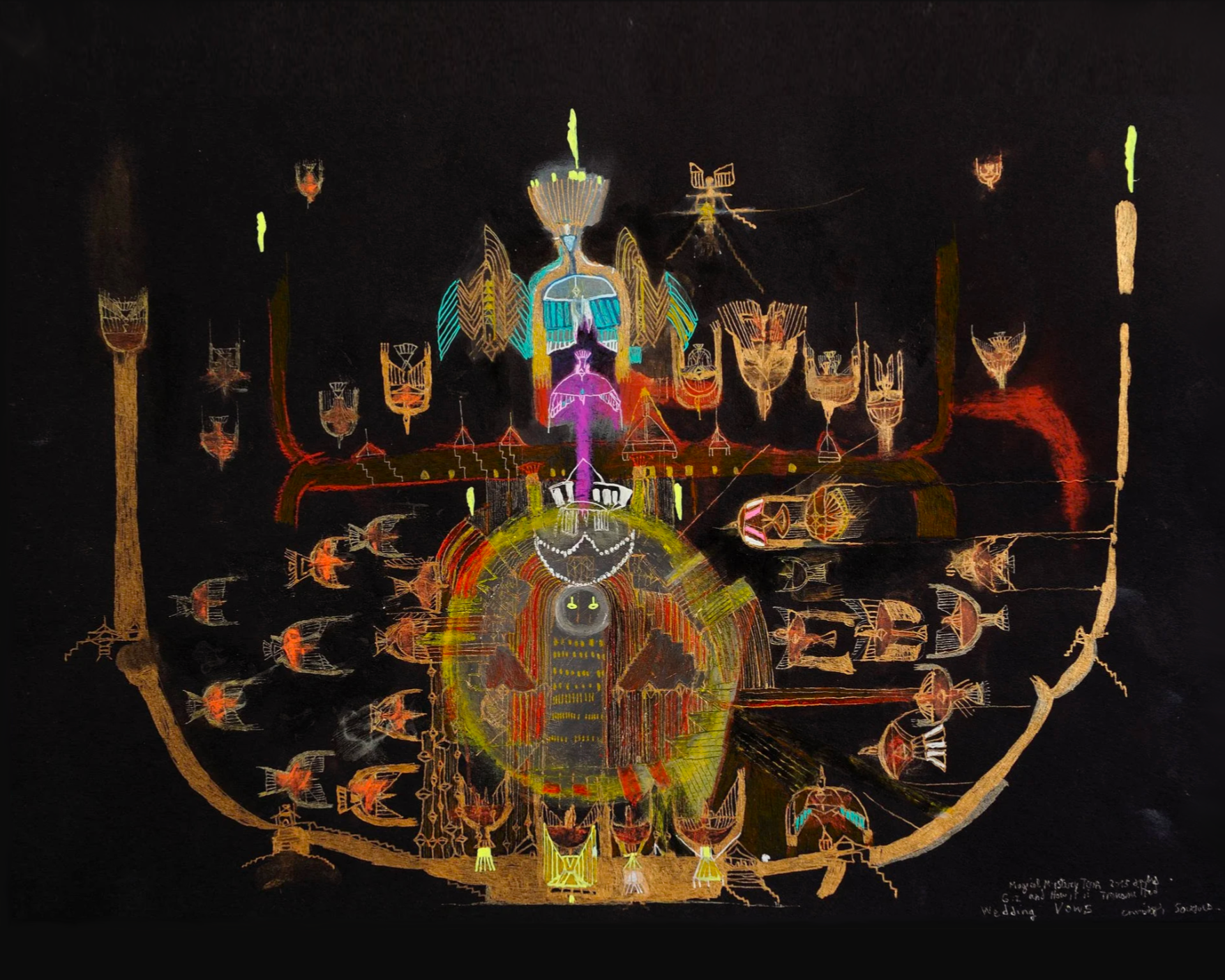 A colorful, abstract drawing featuring a large central figure with a smiling face, surrounded by various intricate shapes, bird-like figures, and structures against a black background. The artwork includes vibrant shades of yellow, pink, orange, and blue, and appears to depict a fantastical scene with fantastical elements.