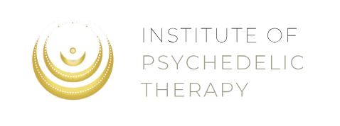 Logo of the Institute of Psychedelic Therapy featuring a stylized gold circular design with dots and curved lines, and the organization's name in modern font.