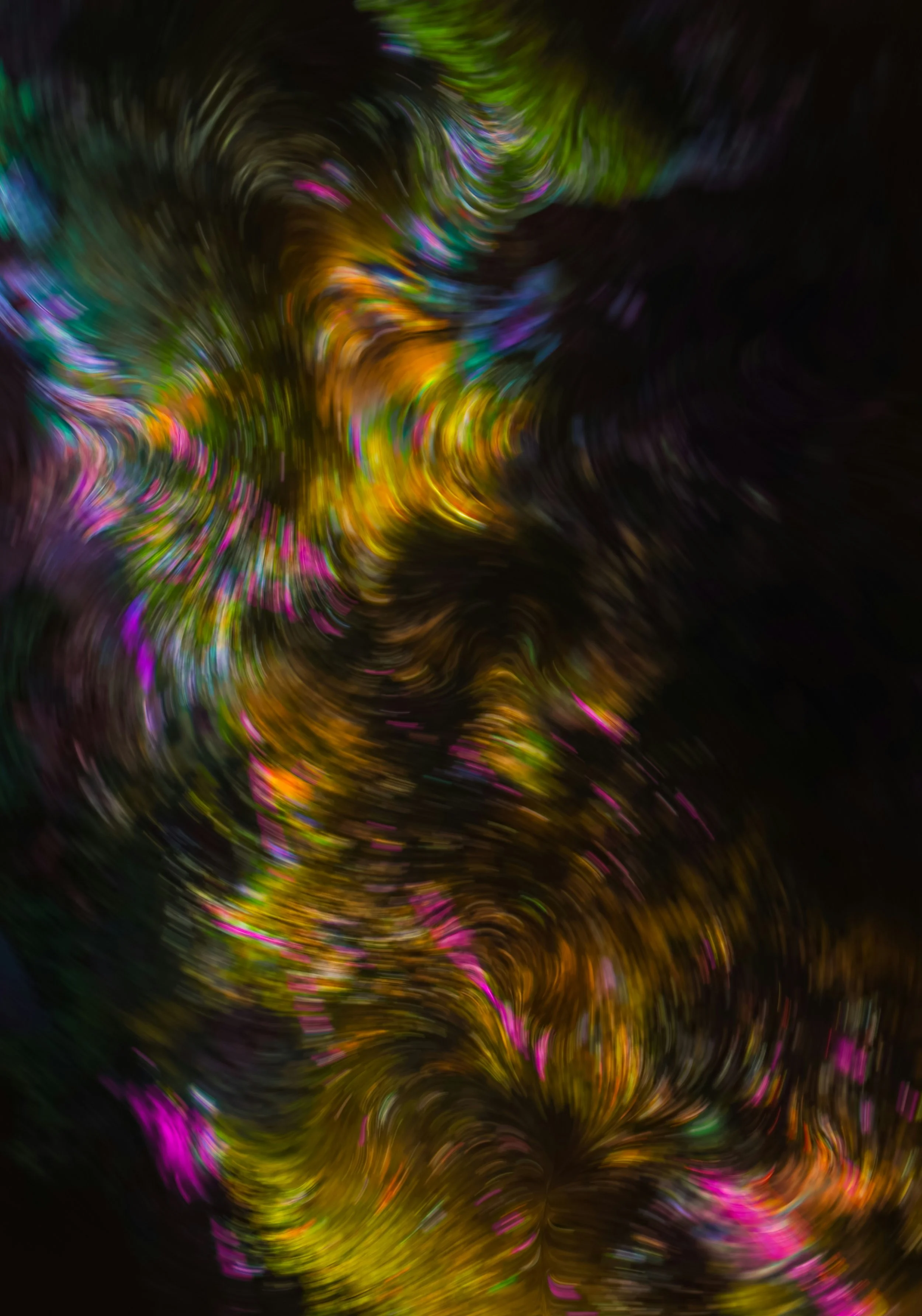 Abstract swirling colors of green, purple, yellow, pink, and orange against a dark background.