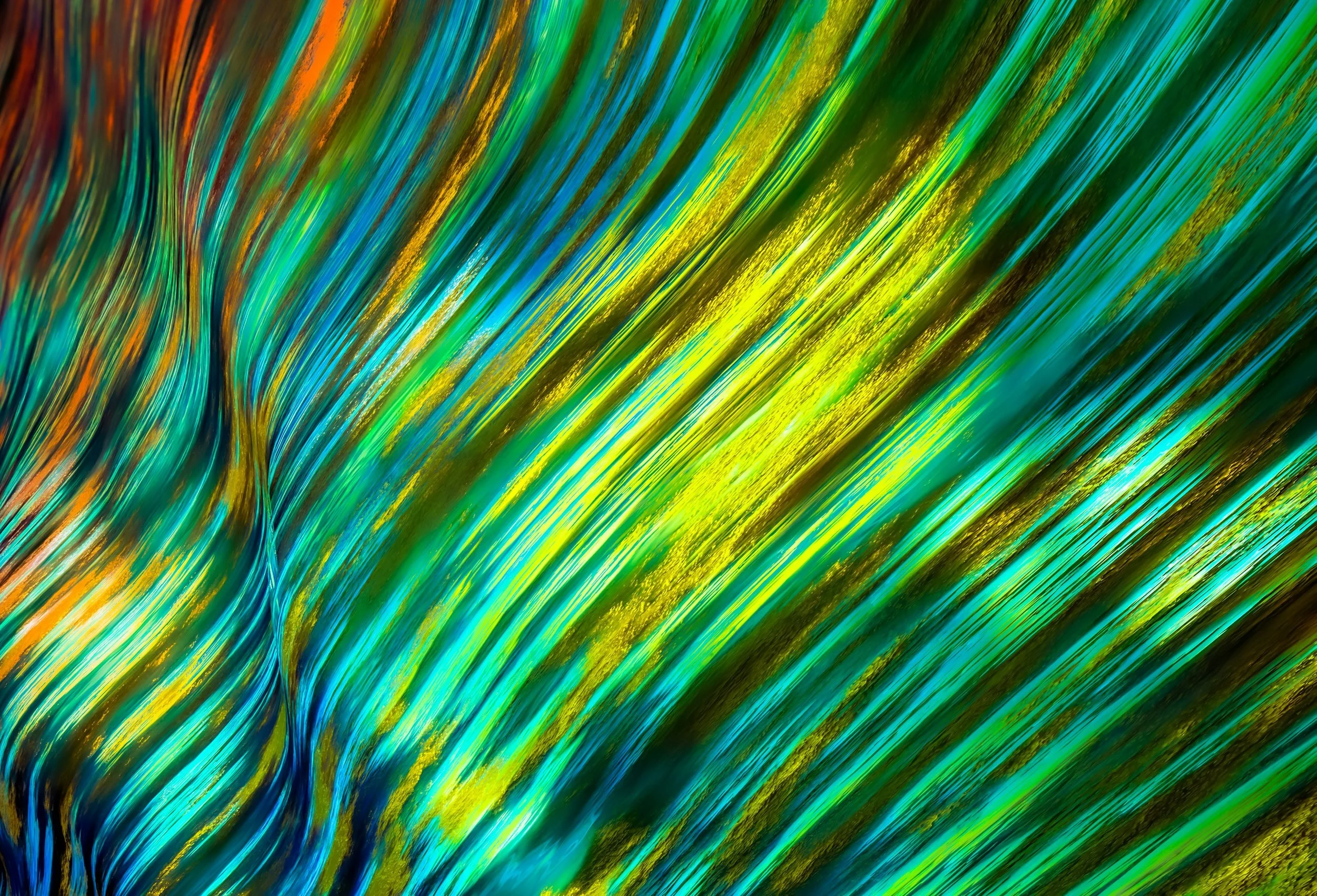Colorful abstract image with wavy lines in shades of blue, green, yellow, and orange.