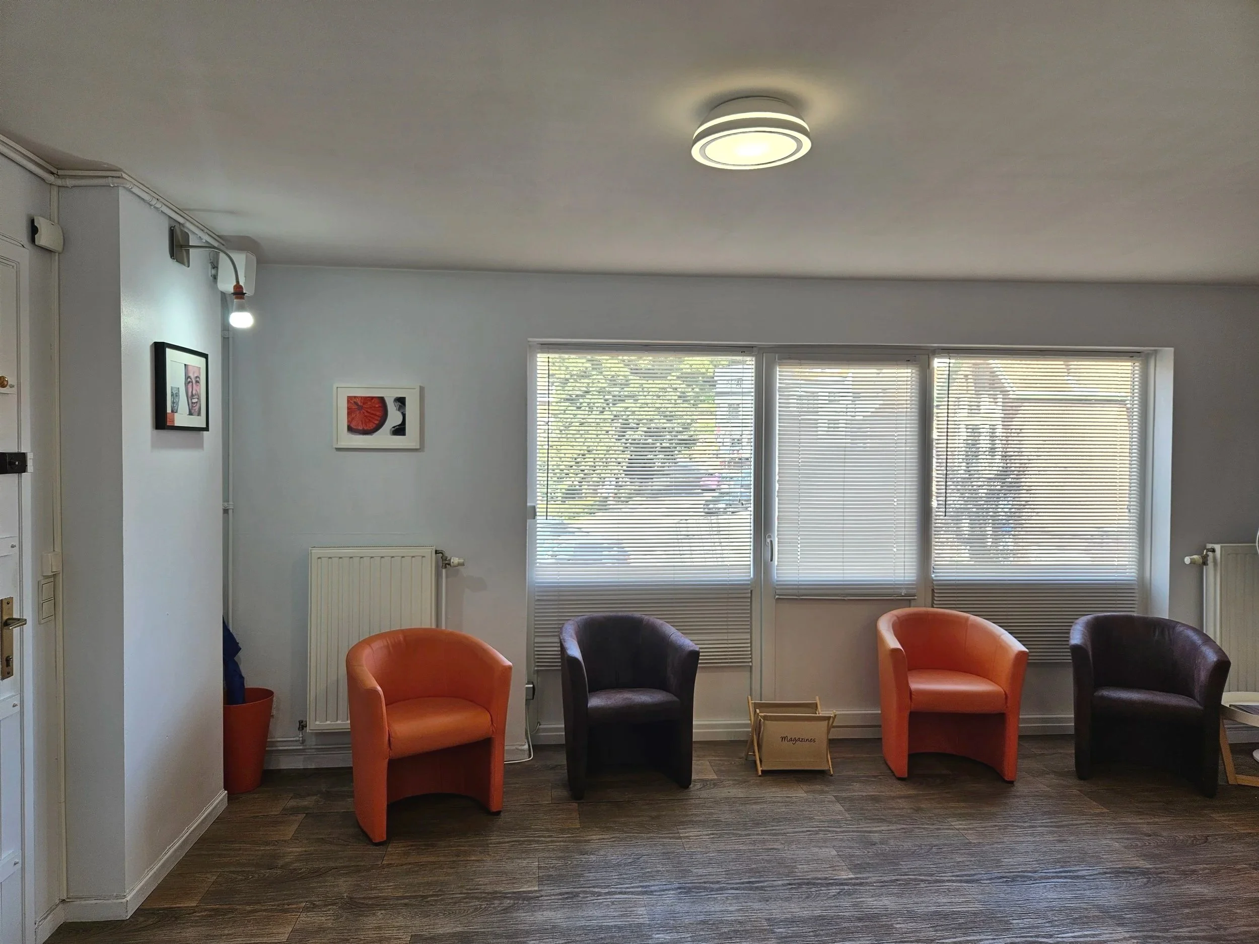 Living room with four chairs, two orange and two dark brown, lined up in front of large windows with blinds, and a small magazine rack between the chairs. The room has hardwood floors and white walls with two framed pictures and a radiator.