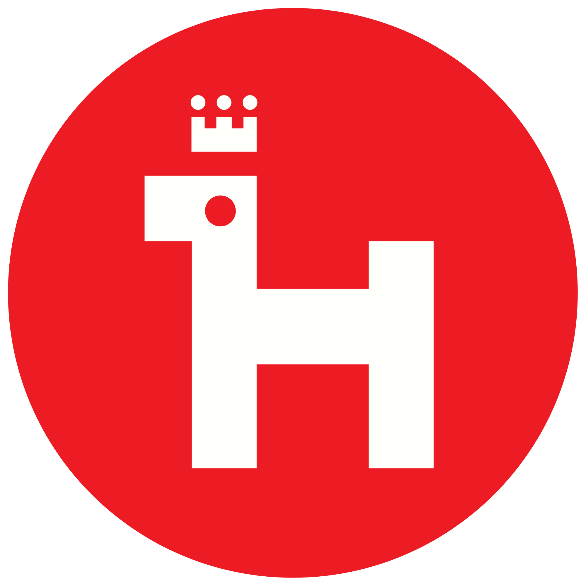 Red circle background with a white stylized house icon in the center.