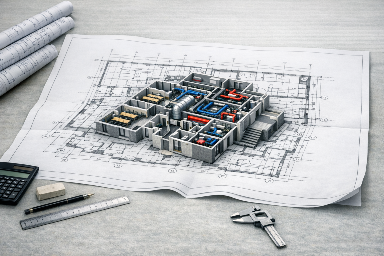 Asset Plus Digital 2D to 3D CAD modelling visual: a folded technical floor plan transitions into a detailed 3D building model with red, grey, and black geometry, surrounded by branded drafting tools.