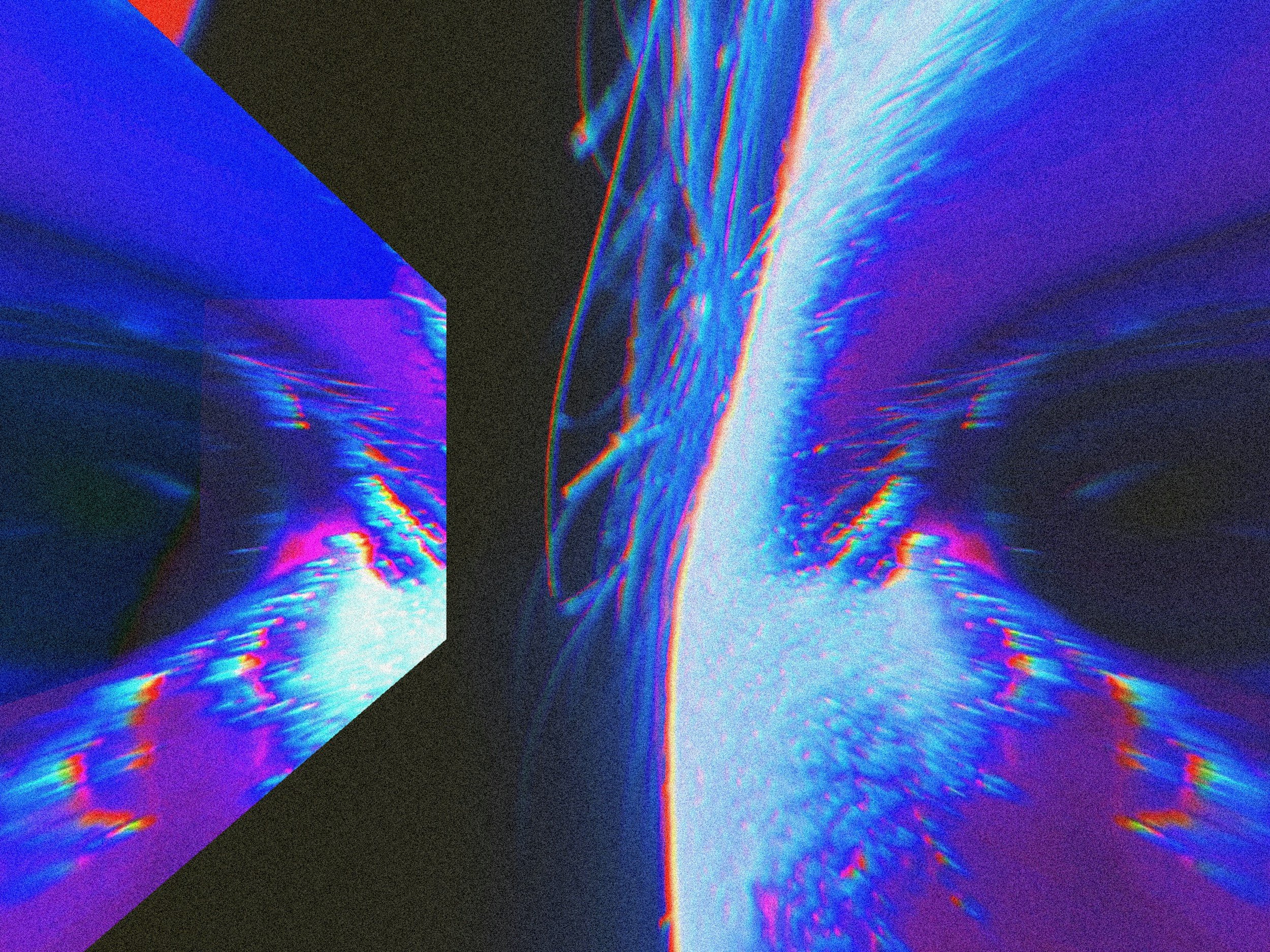 Abstract digital artwork featuring glitch effects and vibrant neon colors including blue, purple, pink, and red, with a dynamic and textured visual pattern.