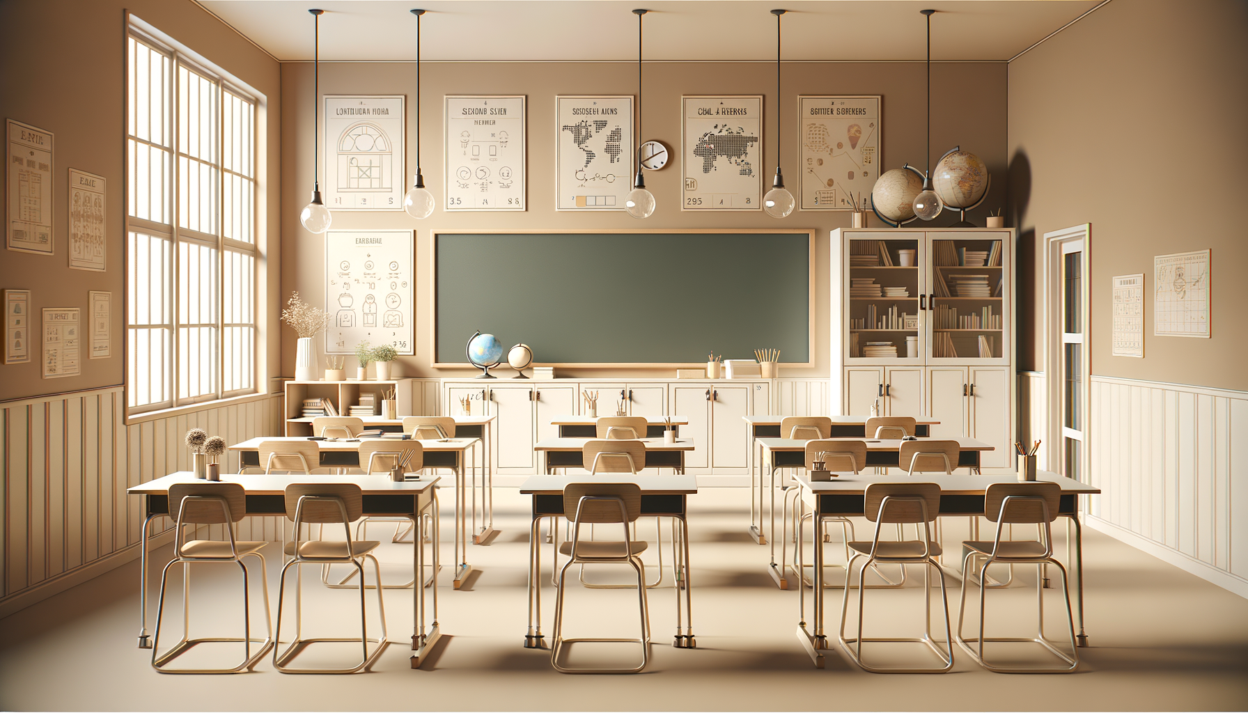 A classroom with rows of wooden desks and chairs, large windows on the left, a blackboard at the front, classroom posters and globes, and bookshelves on the right wall.